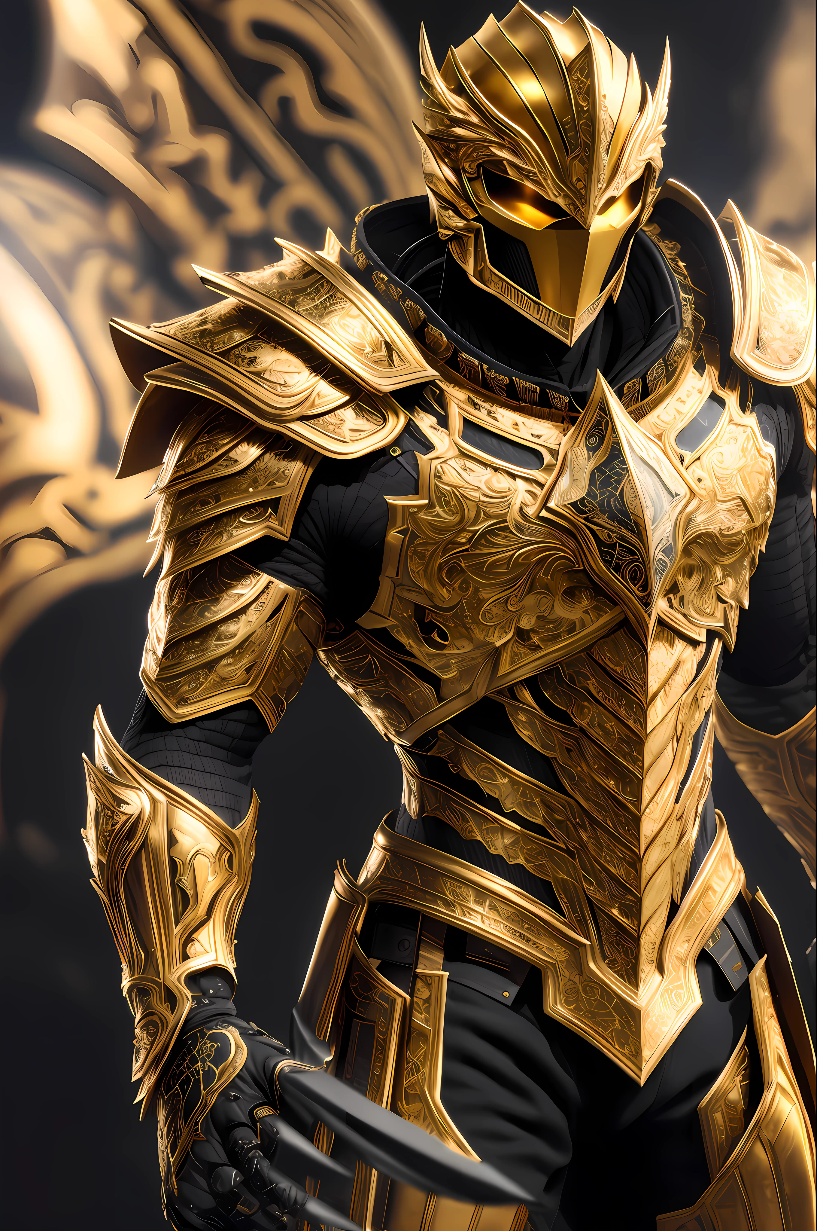 (extremely detailed 8k wallpaper), a medium shot shot of a violent, intricate, high detail, dramatic, golden armor with black details
