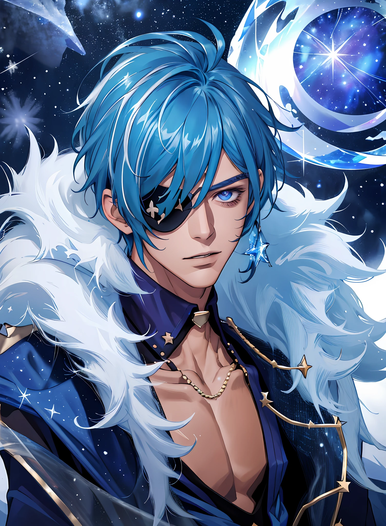 best quality, masterpiece, highres, 1boy,male,solo, mature male, blue hair, taned skin, eyepatch on right eye, casting ice spell at night, stars and galaxy on background, snow swirls around, ice magic, crystals of ice, night time, stars shining