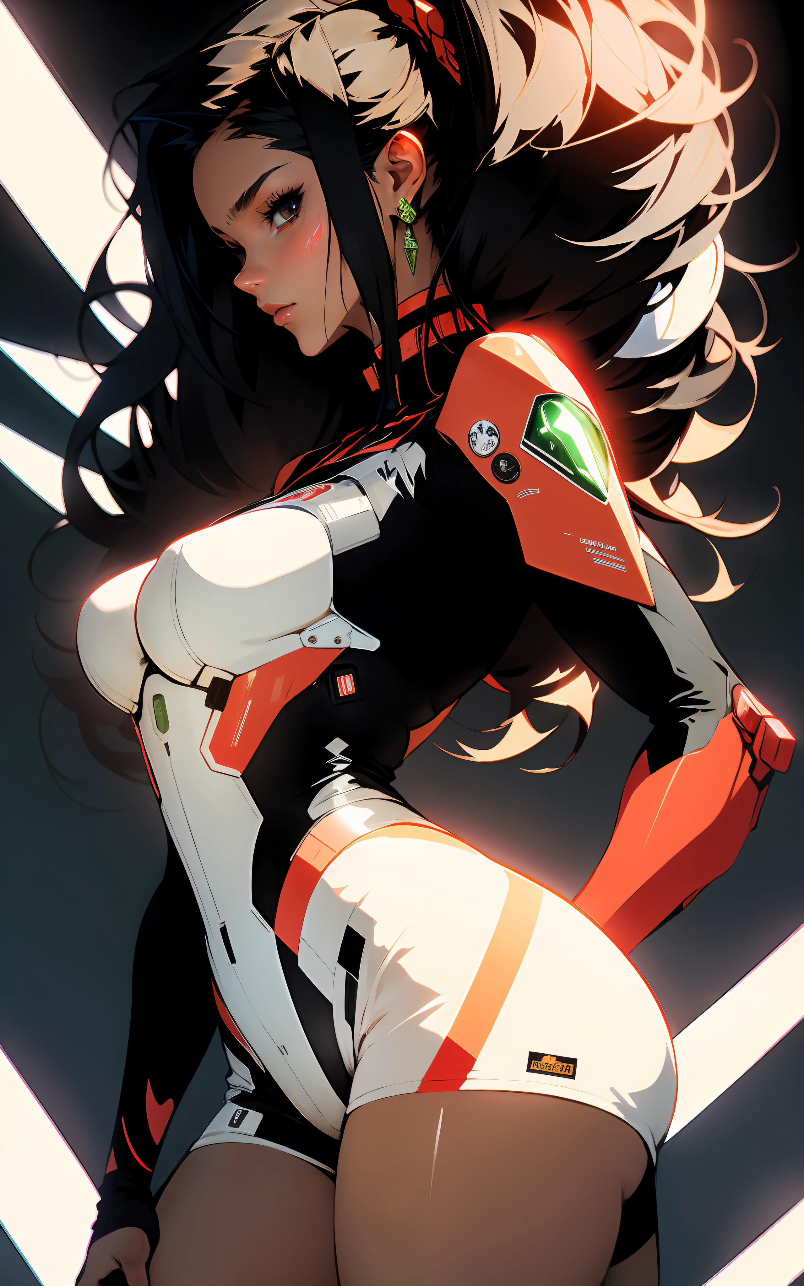 ((Best quality)), ((masterpiece)), (detailed: 1.4), (Absurd), Indian woman fighter pilot in mini skirt ready for war, back, perfect ass, dark afro skin, with a veil on the head, typical ornaments of India, typical jewelry of India, muscular sculptural body defined, half thick naked thighs, closed mouth, muscular body covered by technological clothing, Neon Genesis Evangelion style,  cyberpunk, generous neckline, ((perfect medium breasts)), (brown eyes without pupils), (((red, white and green clothing)), (((black hair fulfilled)))), (tiger stripes on arms), long eyelashes heavy makeup, mini skirt, garter belt, by mucha, niji --V5, close to real, psychopath, crazy face, sexy pose, background with a giant Gundam style robot head, 2 pieces clothing,  shoulder pads with airplane wings on the back, pastel, centered, scale to fit dimensions, HDR (High Dynamic Range),Ray Tracing,NVIDIA RTX,Super-Resolution,Unreal 5,Subsurface dispersion, PBR texture, Post-processing, Anisotropic filtering, Depth of field, Maximum clarity and sharpness, Multilayer textures, Albedo and specular maps, Surface shading, Accurate simulation of light-material interaction, Perfect proportions, Octane Render,  Two-tone lighting, Wide aperture, Low ISO, White balance, Rule of thirds, 8K RAW, crysisnanosuit