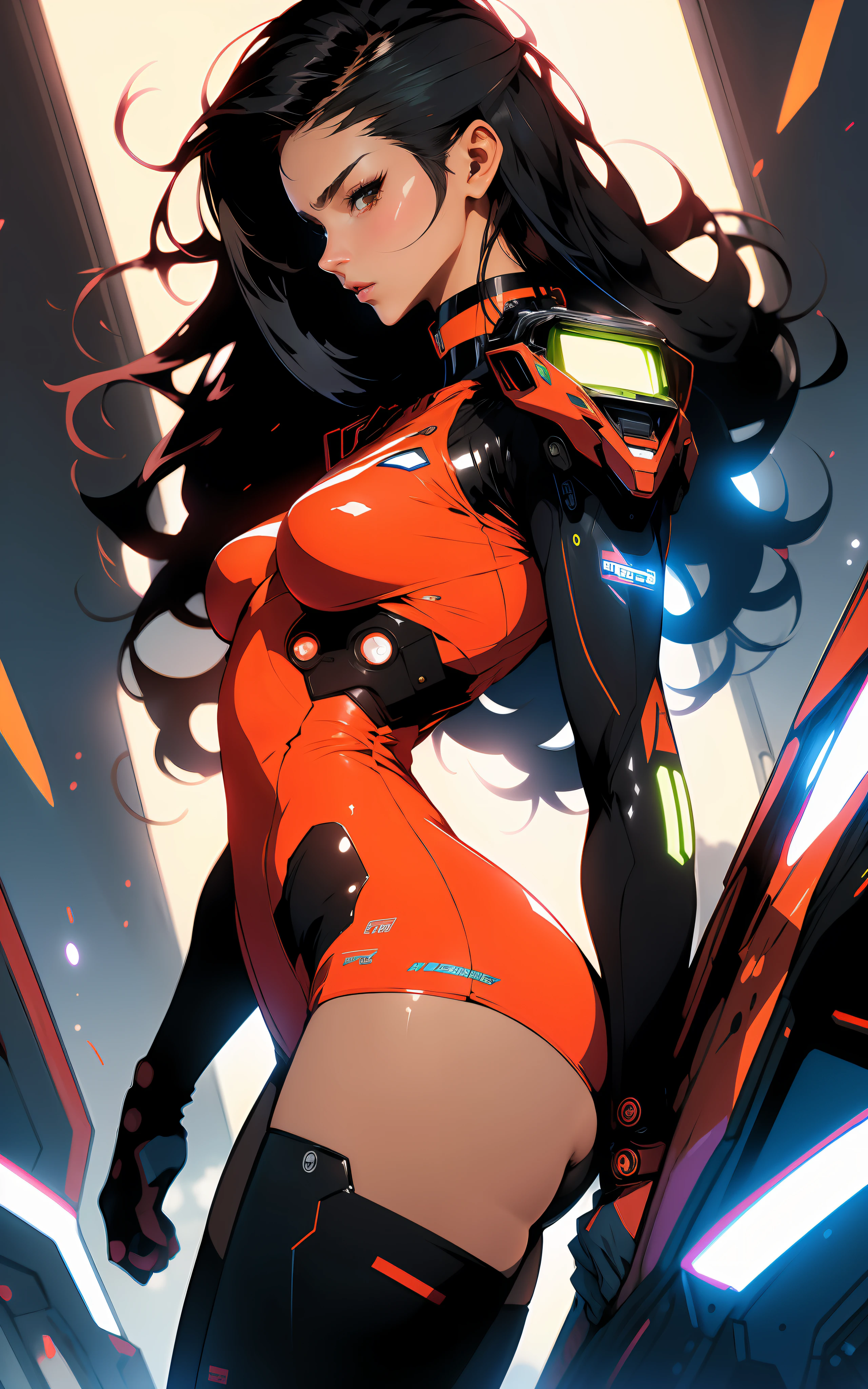 ((Best quality)), ((masterpiece)), (detailed: 1.4), (Absurd), Indian woman fighter pilot in mini skirt ready for war, back, perfect ass, dark afro skin, with a veil on the head, typical ornaments of India, typical jewelry of India, muscular sculptural body defined, half thick naked thighs, closed mouth, muscular body covered by technological clothing, Neon Genesis Evangelion style, cyberpunk, generous neckline, ((perfect medium breasts)), (brown eyes without pupils), (((red, white and green clothing)), (((black hair fulfilled)))), (tiger stripes on arms), long eyelashes heavy makeup, mini skirt, garter belt, by mucha, niji --V5, close to real, psychopath, crazy face, sexy pose, background with a giant Gundam style robot head, 2 pieces clothing, shoulder pads with airplane wings on the back, pastel, centered, scale to fit dimensions, HDR (High Dynamic Range),Ray Tracing,NVIDIA RTX,Super-Resolution,Unreal 5,Subsurface dispersion, PBR texture, Post-processing, Anisotropic filtering, Depth of field, Maximum clarity and sharpness, Multilayer textures, Albedo and specular maps, Surface shading, Accurate simulation of light-material interaction, Perfect proportions, Octane Render, Two-tone lighting, Wide aperture, Low ISO, White balance, Rule of thirds, 8K RAW, crysisnanosuit