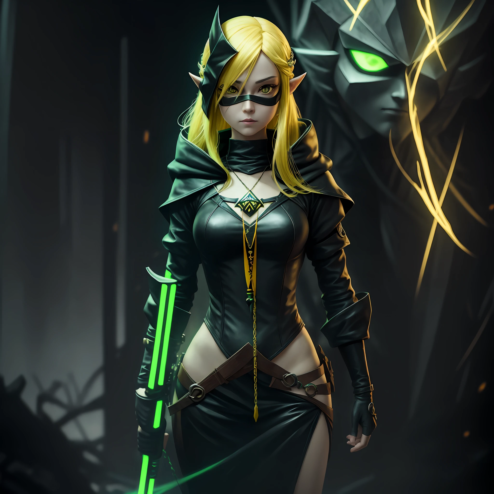A full-body shot of Princess Zelda, yellow hair, yellow eyes, dressed as a Trudy from the matrix in black+neon green with a black mask and hood with green details, XL bust, holding a flaming Kunai attached to a chain. Background: Cybercity created in the Matrix at night. Unreal Engine 5, Anime, Anime style, Masterpiece, Well drawn eyes, well drawn face, well detailed eyes, well detailed face, 8k, light and shadow effect. --auto --s2