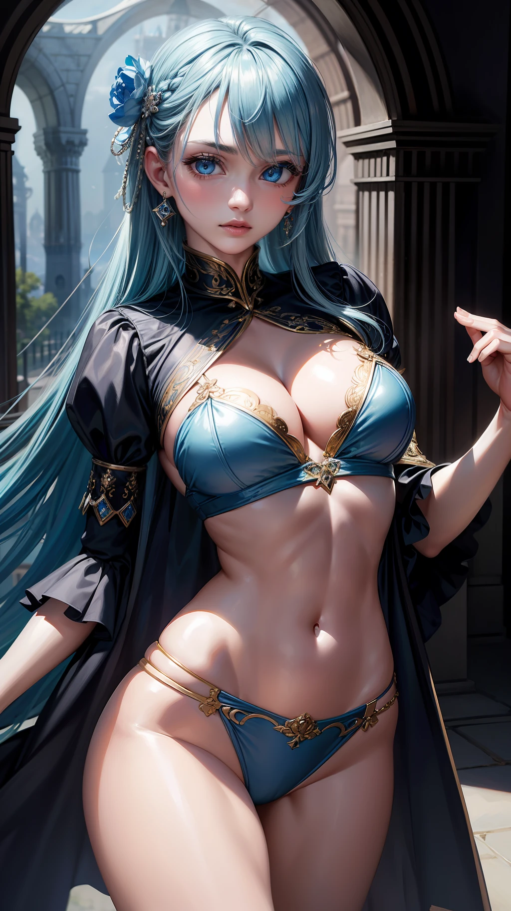 (masterpiece:1.2, best quality), (beautiful finely detailed eyes: 1.2), masterpiece, bright eyes, shiny hair, lustrous skin, solo, embarrassed, (midriff), light blue eyes, light blue hair, top, bikini, inside a castle, shining body, dynamic pose, dynamic angle