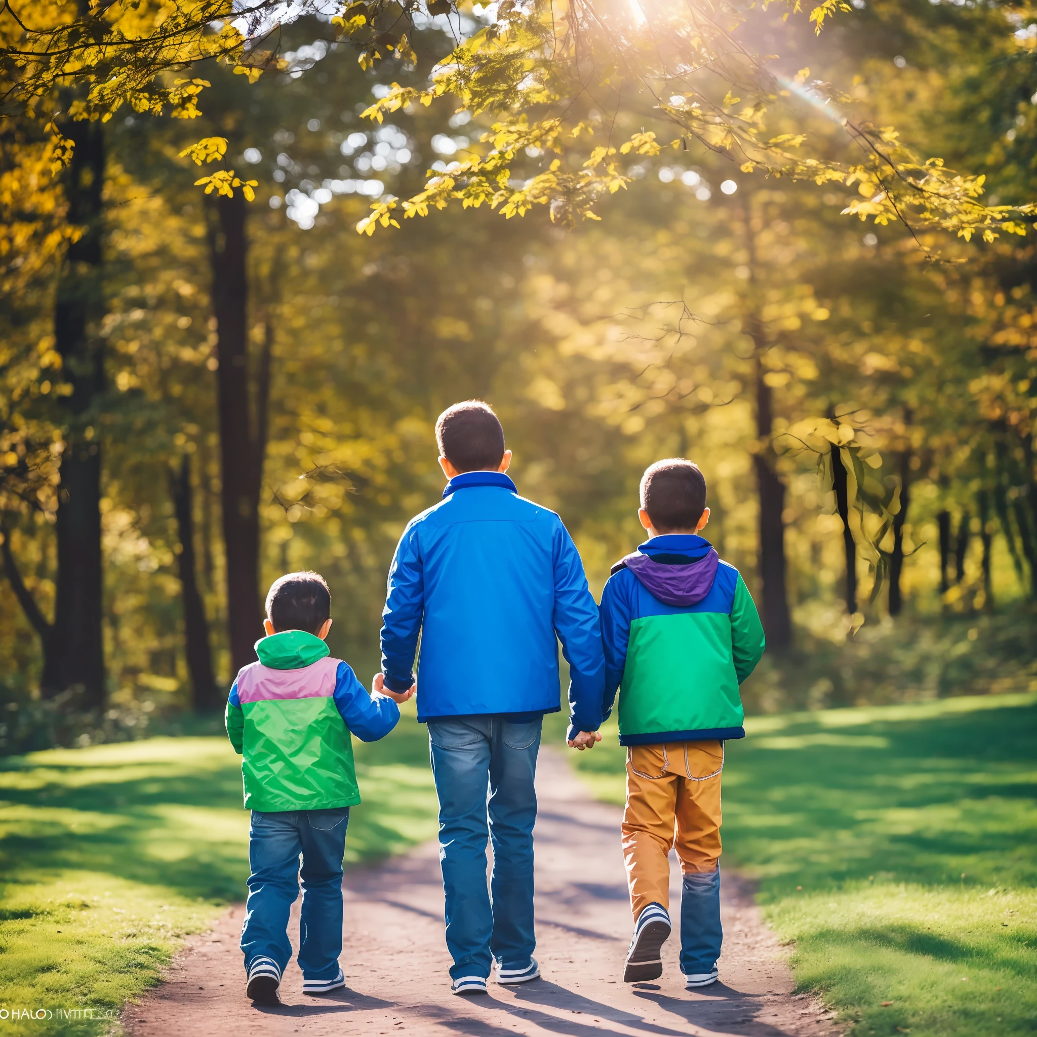 On a sunny morning, Dad took the children's hands and happily walked through the park, with rainbows and lakes --auto --s2