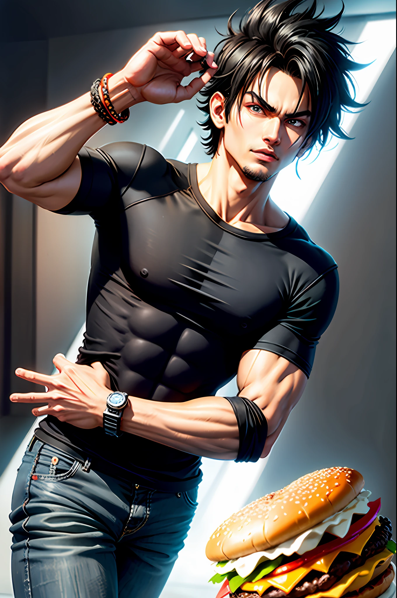 black hair, super detail goku, hamburger, solo, 1boy, bravo, hamburger, black hair, black shirt, blue bracelet, clenched hand, closed mouth, collarbone, energy, gray eyes, male focus, muscular man, outstretched arm, band, scene reference, scratches, black shirt, smoke, spiky hair, standing, ultra instinct, V-eyebrows, hamburger, walking, bracelet, Surrealism, 8k