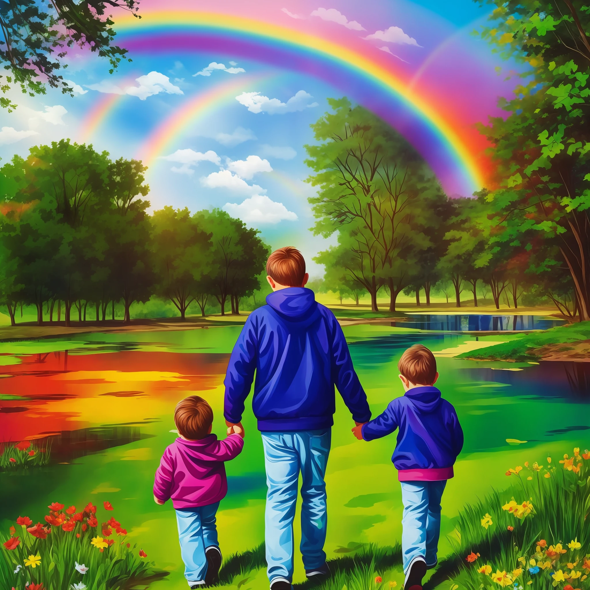 On a sunny morning, Dad took the children's hands and happily walked through the park, with rainbows and lakes --auto --s2