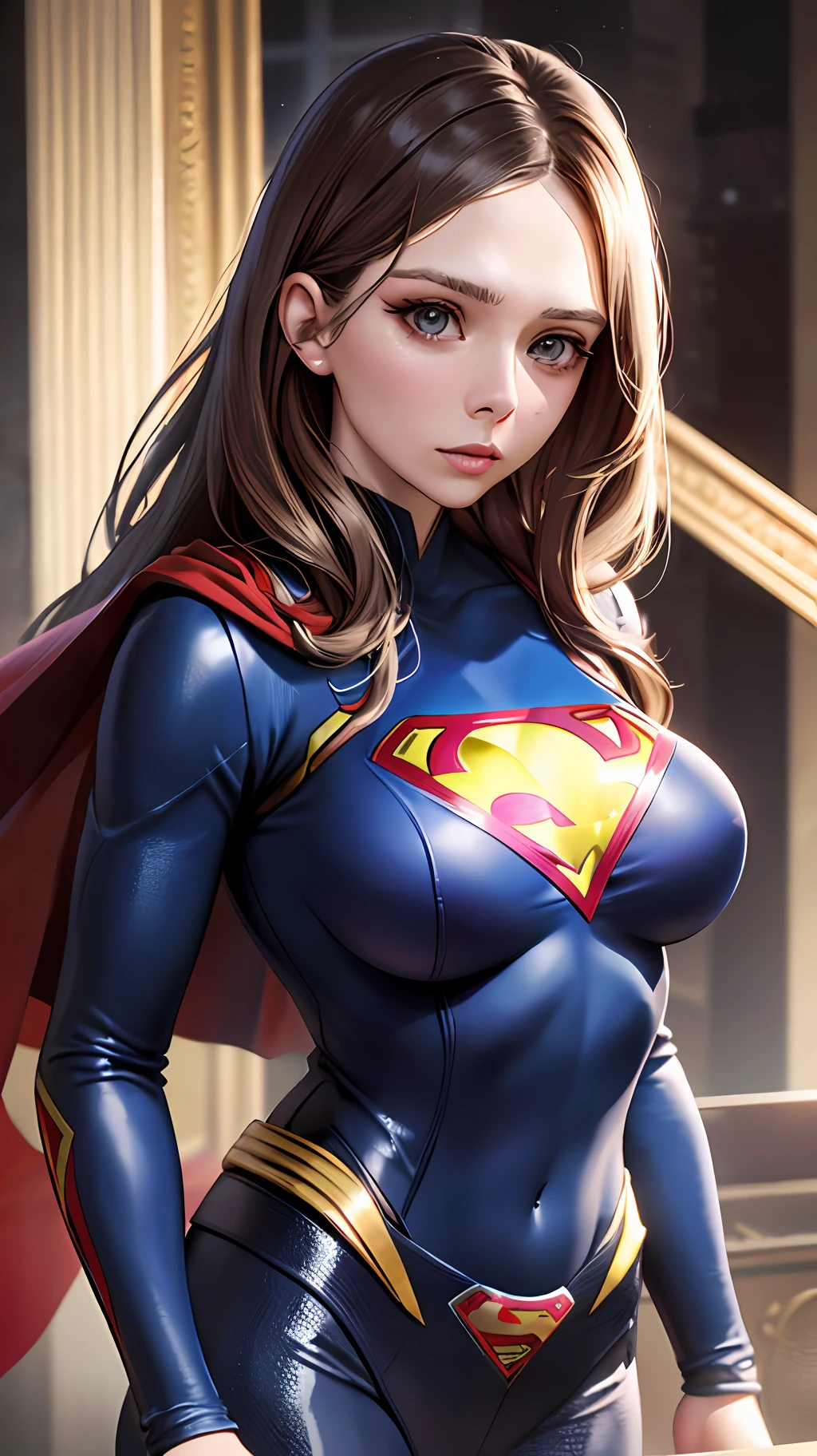 Elizabeth Olsen, wearing (Superman Suit), highly detailed, realistic, smooth, sharp focus, 8K, (underboob),