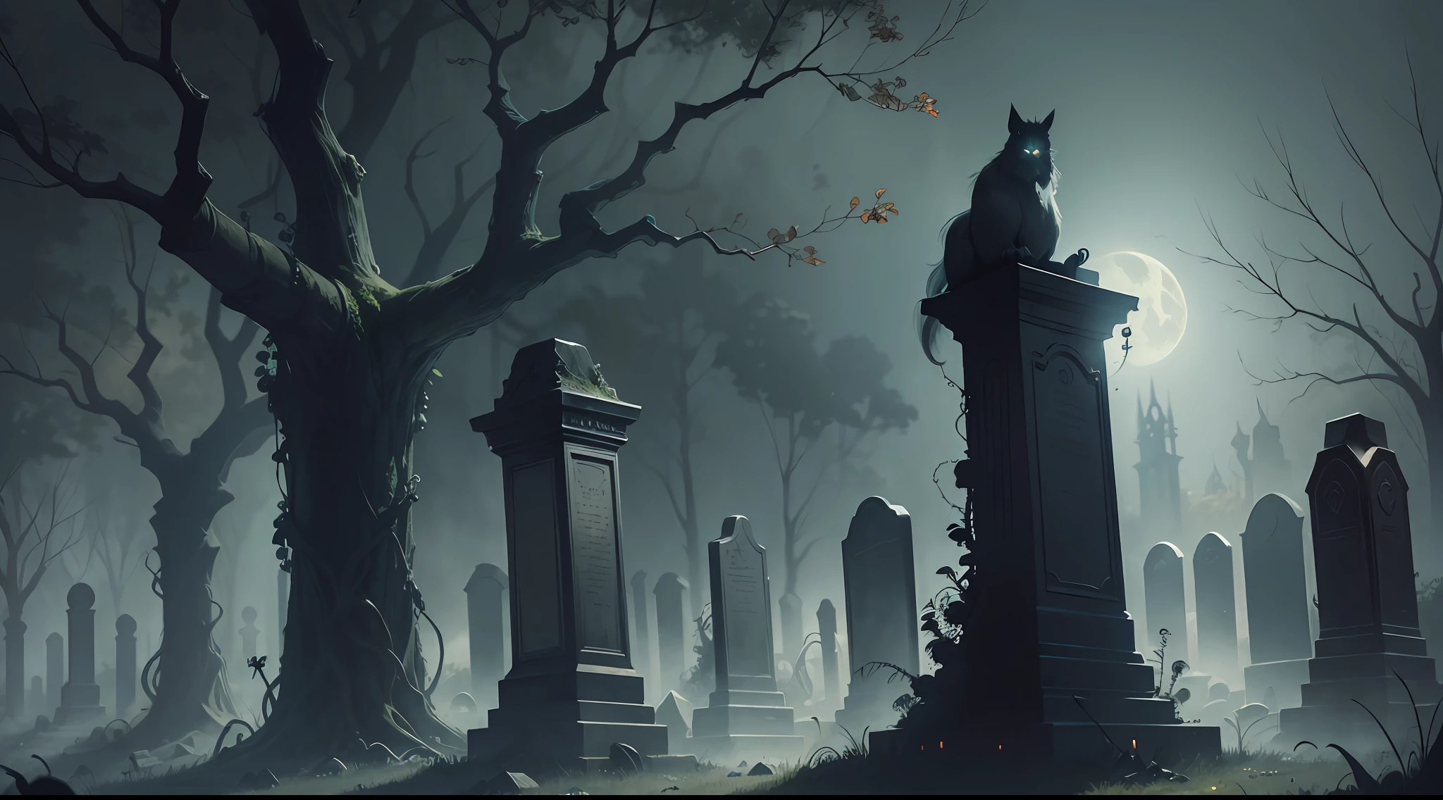 Monters, A haunted graveyard populated by ghostly apparitions and shadowy figures, creatures, moody lighting, gothic style, highly detailed, digital painting, by Travis Louie and Chet Zar. --auto --s2