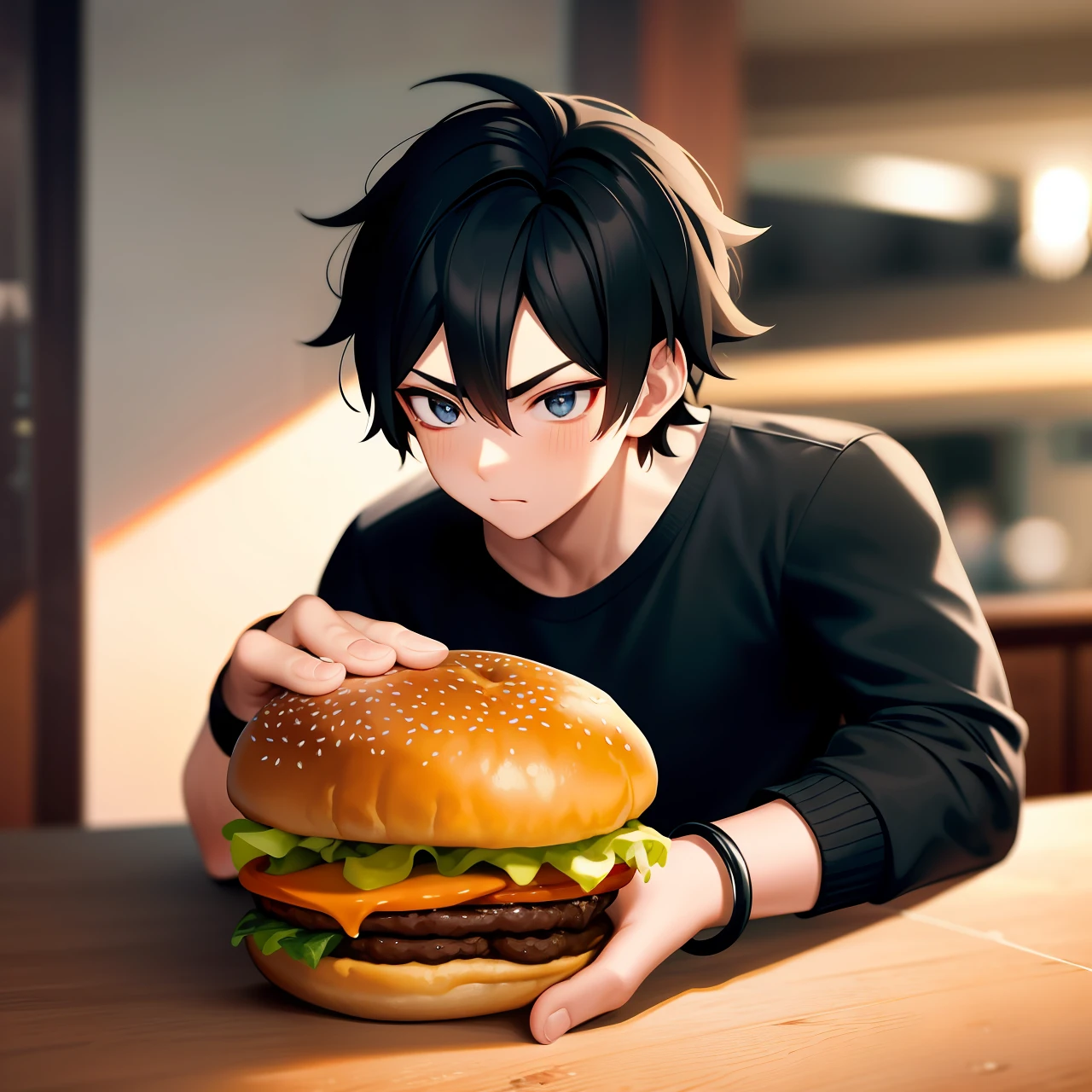 black hair, Surrealism, 8k, super detail goku, hamburger, solo, 1boy, bravo, hamburger, black hair, black shirt, blue bracelet, clenched hand, closed mouth, collarbone, energy, gray eyes, male focus, muscular man, outstretched arm, band, scene reference, scratches, black shirt, smoke, spiky hair, standing, ultra instinct, V-eyebrows, hamburger, walking, bracelet