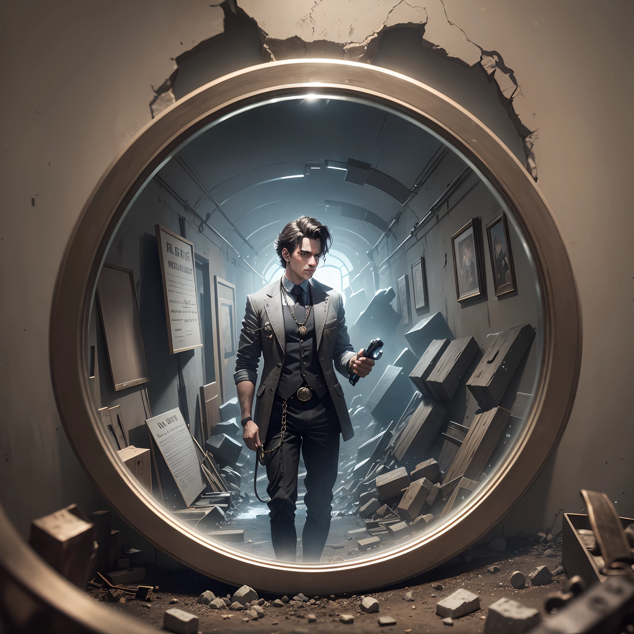 Male character seen in first person, with a flashlight in one hand and a pocket watch in the other, looking into a broken mirror, the setting is a coal mine, low light, 8K, UHD, severe low lighting, high quality, sharp focus --auto --s2