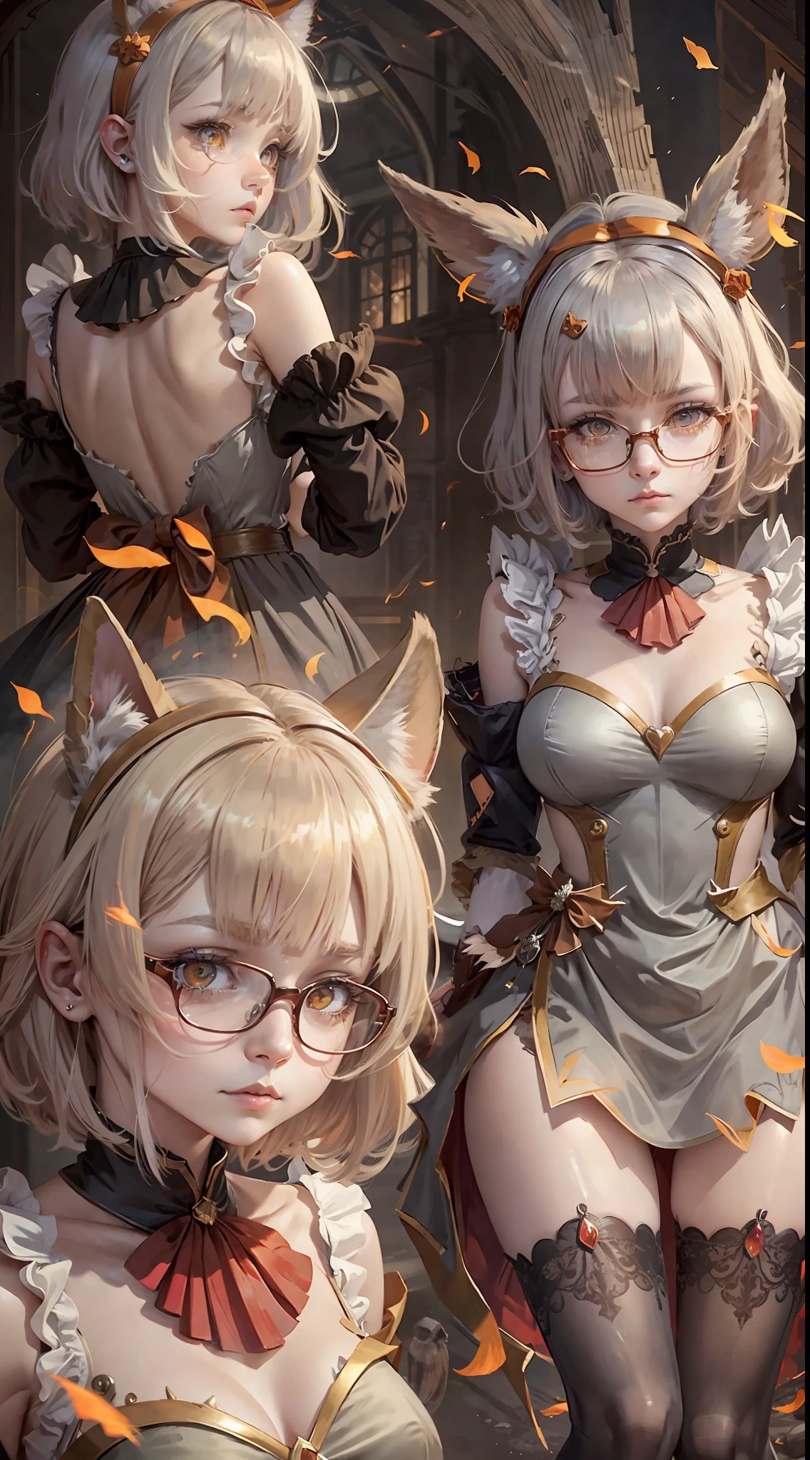 Orange hair, short hair, glasses, bob cut, hair clip, demonic horns, musical note hair ornament, tears, yellow eyes, orange eyes, heart earrings, rabbit ears, melancholy (expression), color ear, hiccup, depth of field, god rays, blurry, social media composition, pov, first-person view, perspective, emphasis lines, f/4.0, 16k, highres, anatomically correct, masterpiece, full dress, full nude, behaved, socks, long socks, very close, close-up, detailed, tail, cute ass, cute face, fire background, chaotic background