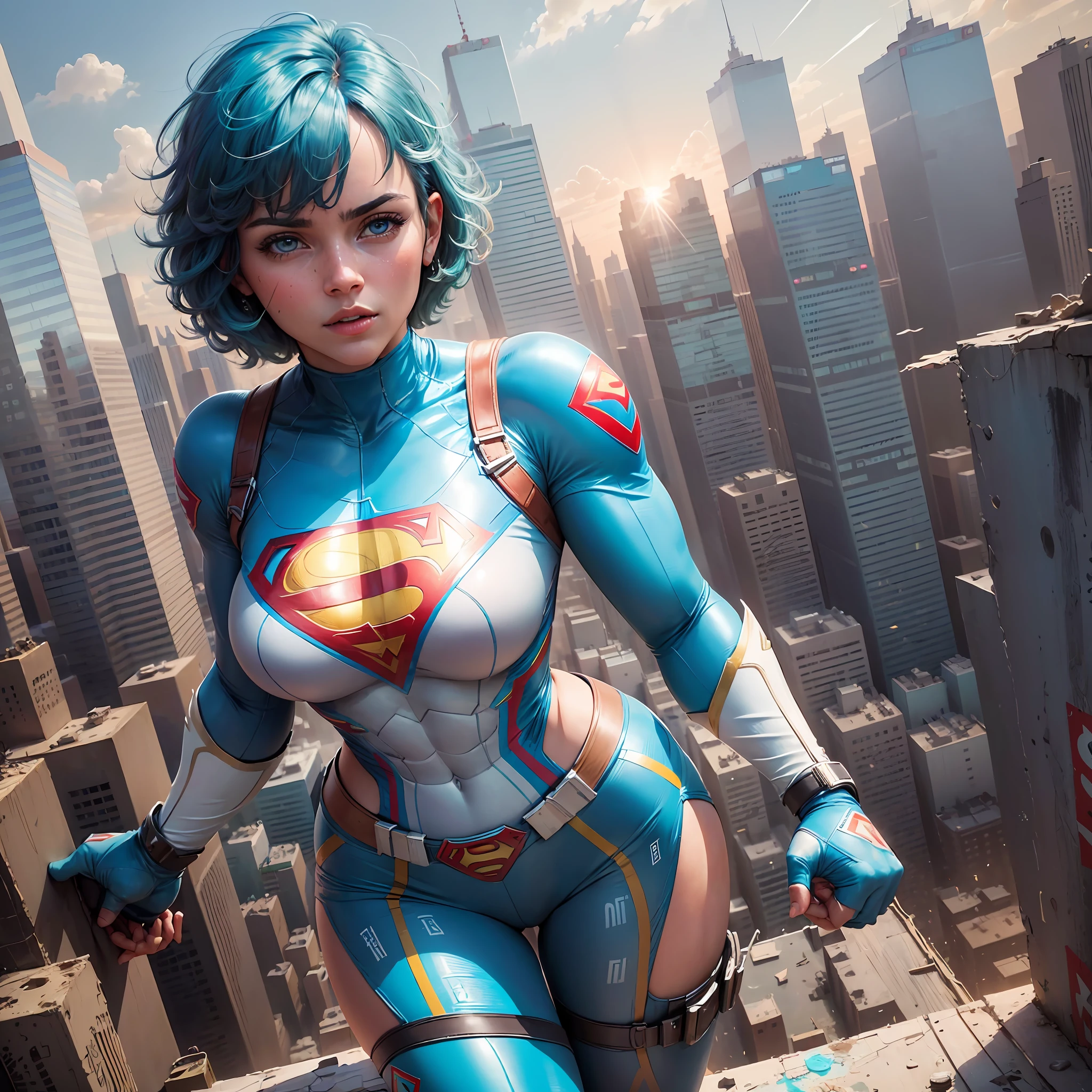 (Masterpiece, 4k resolution, ultra-realistic, very detailed), (Turquoise, charismatic superhero theme, there's a girl on top of town, wearing Superman costume, she's a superhero), [ ((25 years), (short blue hair with bangs:1.2), full body, (green eyes:1.2), ((Superman flying pose),show of strength), ((sandy urban environment):0.8)| (cityscape, at sunset, dynamic lights), # Explanation: The Prompt mainly describes a 4K painting of ultra-high definition, very realistic, very detailed. It shows a superheroine at the top of the city, wearing a Superman costume with shades of white and turquoise. The theme in the painting is a white superhero theme, the female protagonist has short blue hair with bangs, is 25 years old and her entire body is shown in the painting, bob hair. --auto --s2