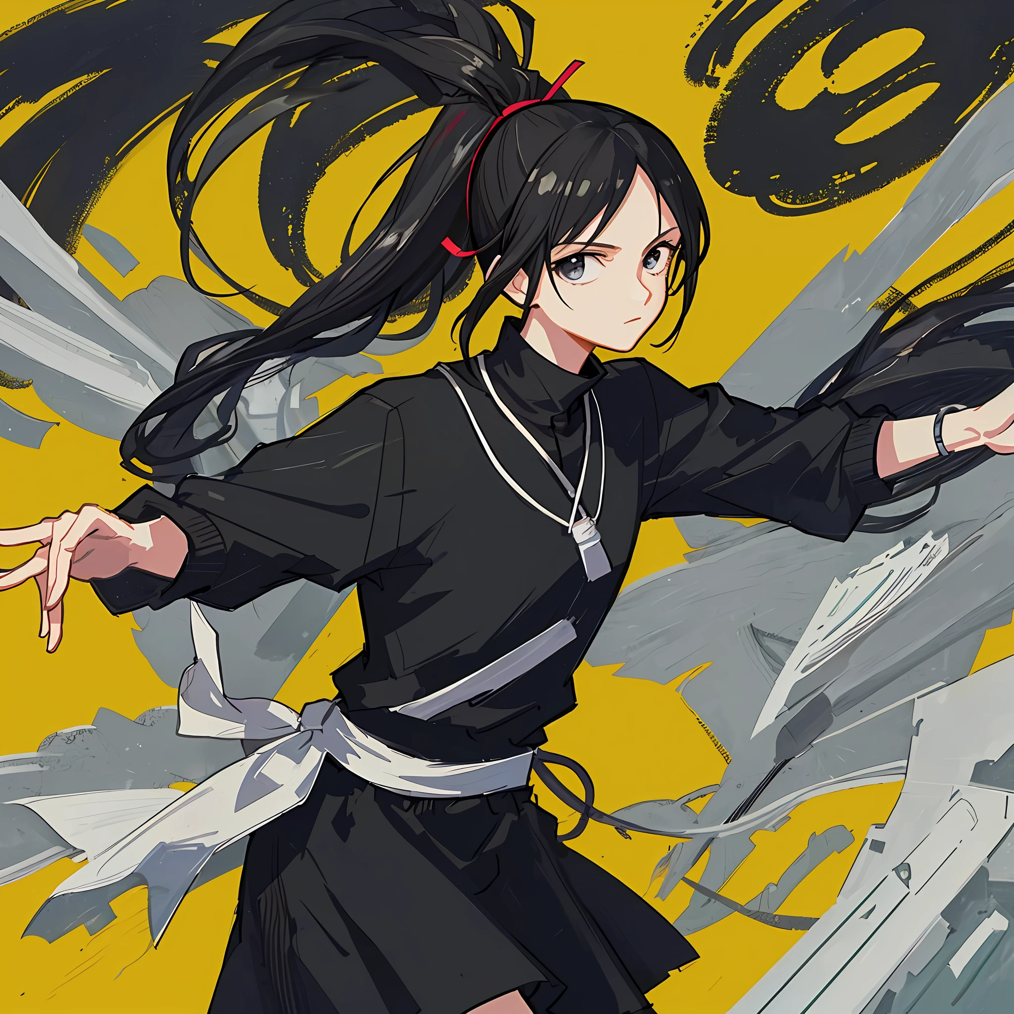 (Masterpiece), (Best Quality), (Super Detail),(Illustration), 1 Woman, Black Hair, Ponytail Hair, Black Clothing, by Yoshihiro Togashi, Manipulating Shadows.