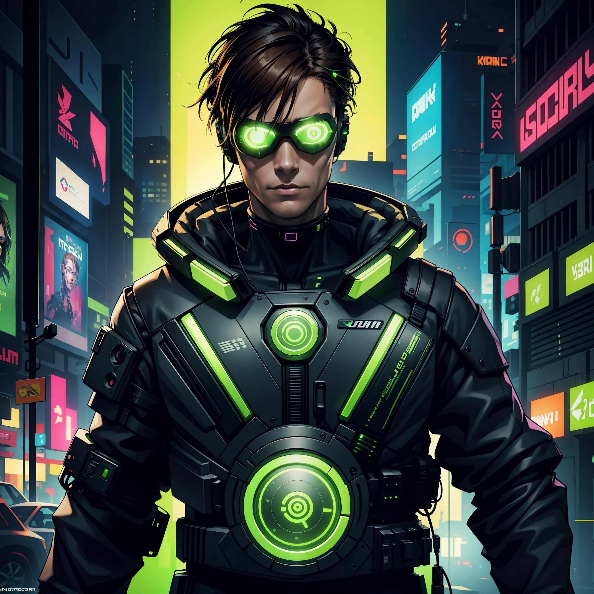 "(cyberpunk costume with bright circuits in neon green:1) (1man) dark theme :: focus on closeup face, calm face, ultra realistic futuristic cyberpunk thin man :: virtual reality glasses :: holograms around the body :: inside cyberspace :: dark brown hair with bangs :: wires and plugs coming out of the suit :: natural lighting :: bokeh :: 8k :: best quality :: masterpiece :: insanely detailed:1.5"
