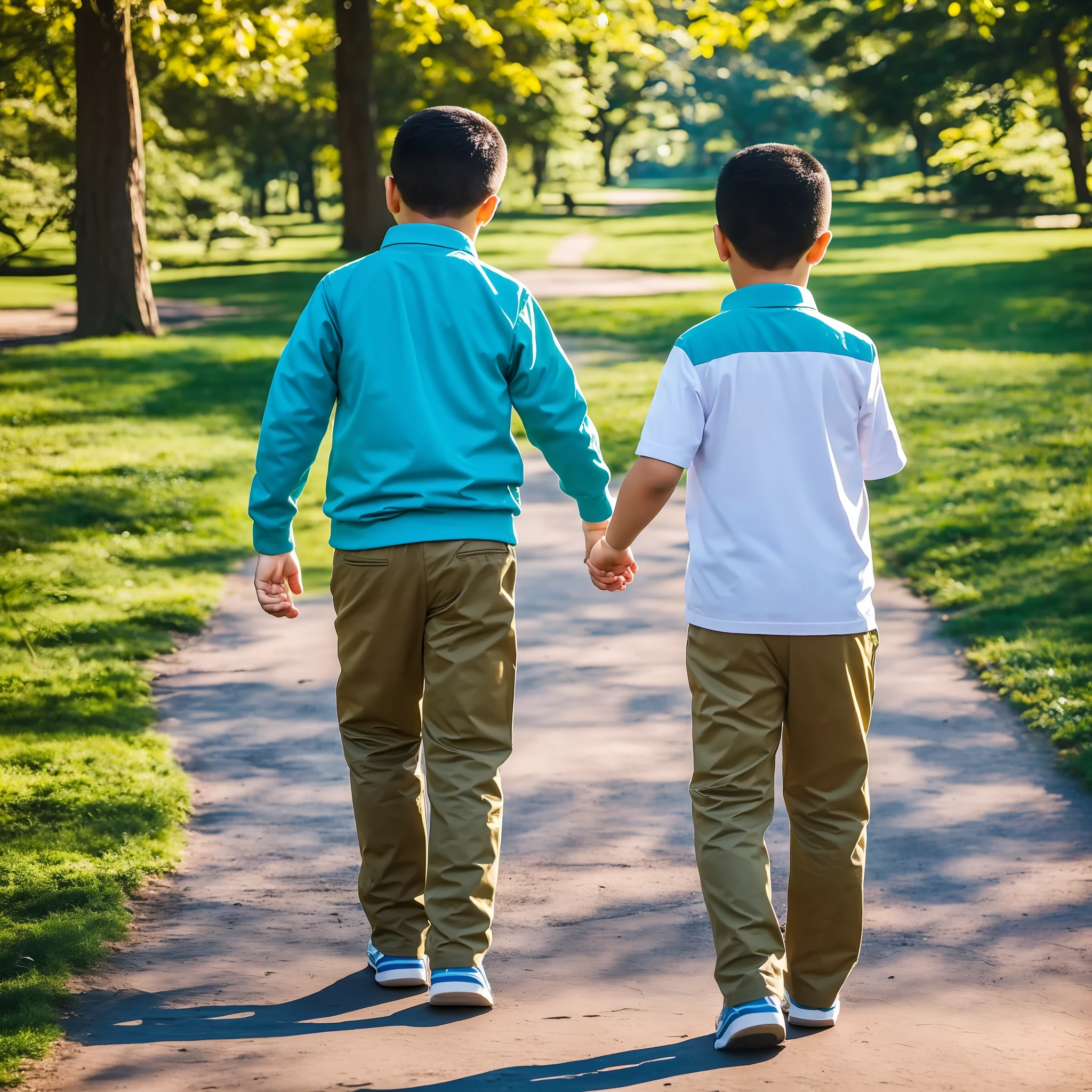 On a sunny morning, Dad took the children's hands and happily walked through the park, with rainbows and lakes, 爸爸转过头回眸一笑 --auto --s2