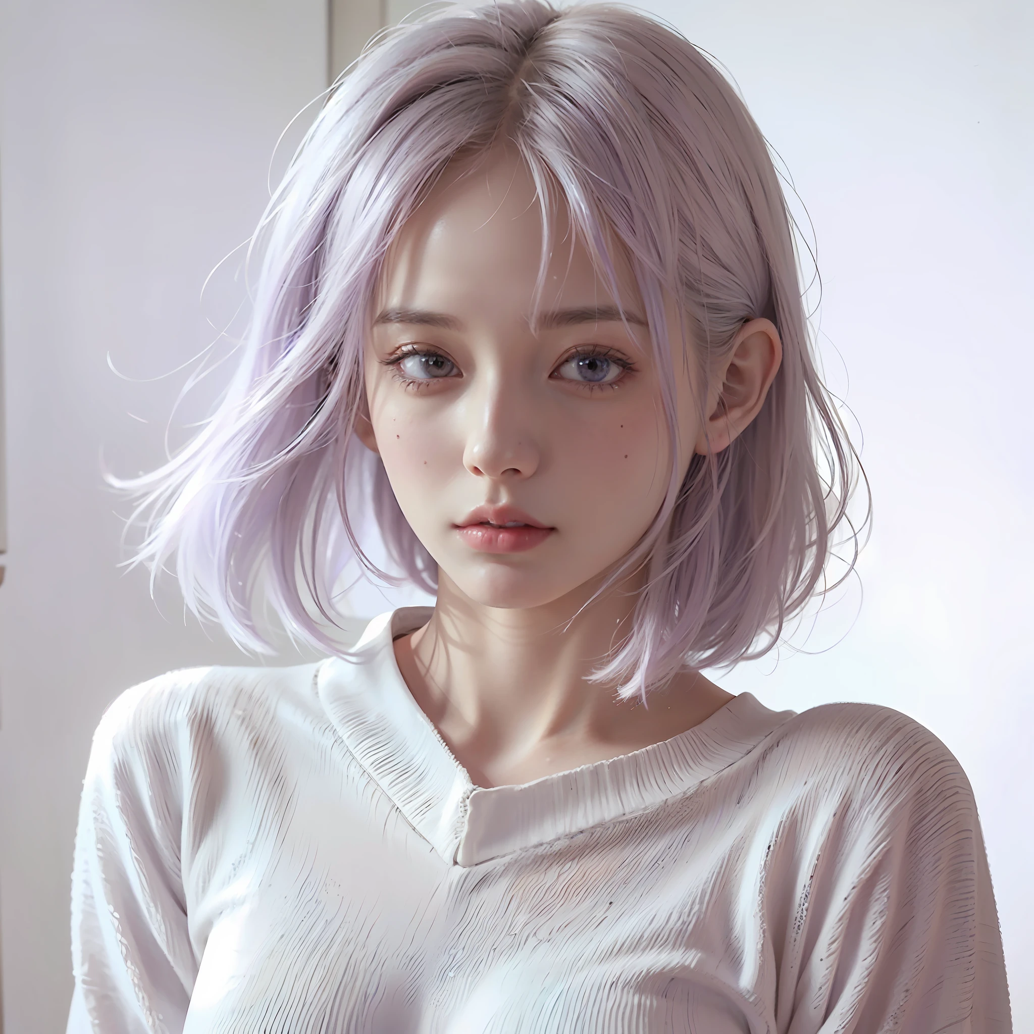 arafed woman with purple hair and a white sweater, soft portrait shot 8 k, 8k portrait render, anime realism style, photorealistic anime girl render, girl with short white hair, anime realism, color portrait, realistic digital art 4 k, realistic digital art 4k, realistic anime 3 d style, kawaii realistic portrait, anime girl in real life