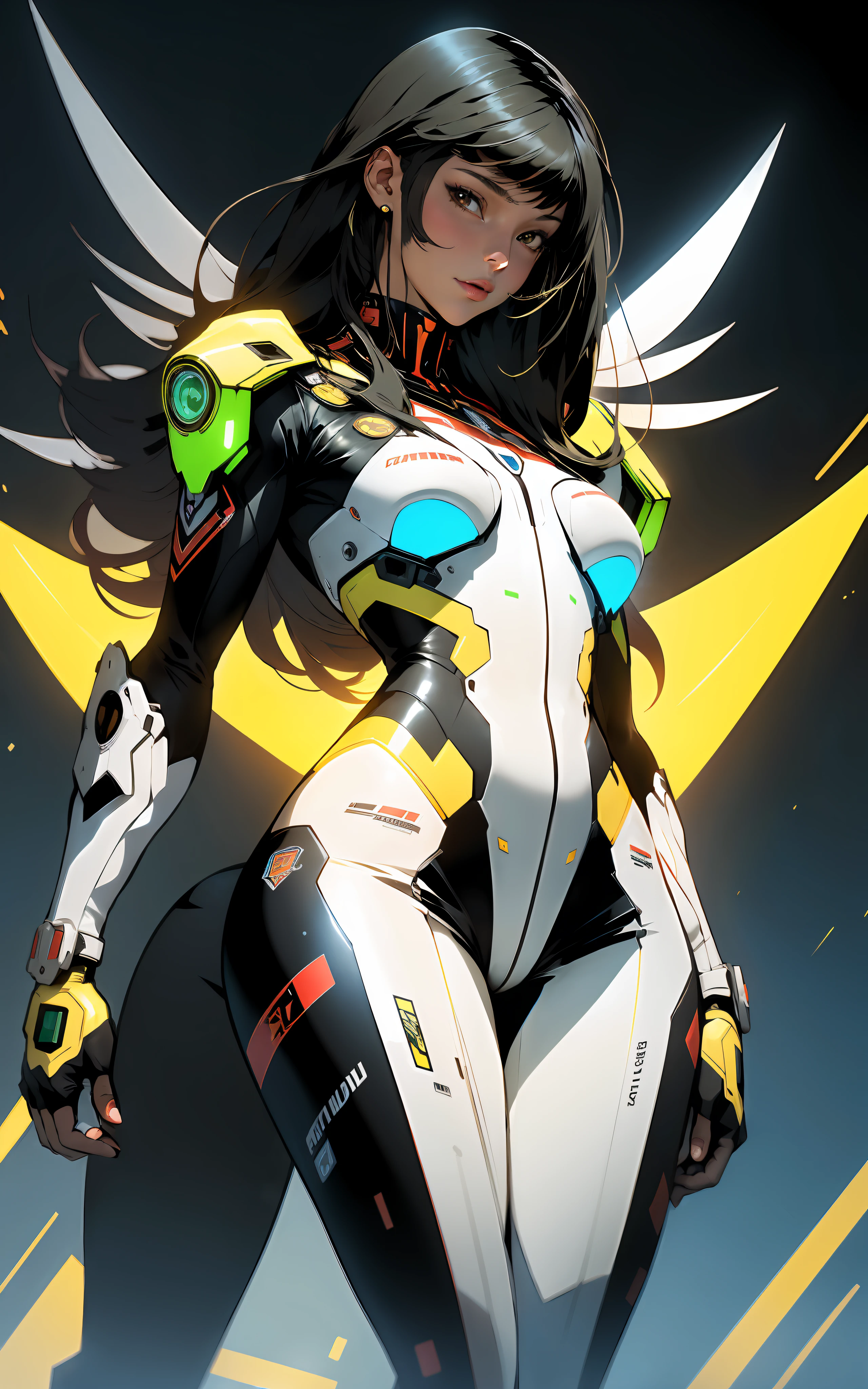 ((Best quality)), ((masterpiece)), (detailed: 1.4), (Absurd), Fighter pilot indigenous woman from Brazil ready for war, dark skin, with a feather on her head, ornaments typical of the natives of Brazil, defined muscular sculptural body, half thick naked thighs, closed mouth, muscular body covered by technological clothing, Neon Genesis Evangelion style, cyberpunk, generous neckline, ((perfect medium breasts)), (brown eyes without pupils), ((dark green, yellow, blue and white clothing)), (((black hair fulfilled super straight and drained with heavy bangs over the forehead)))), band tied on the arm, long eyelashes heavy makeup, garter belt, by mucha, niji --V5, close to real, psychopath, crazy face, sexy pose, background with a giant Gundam-style Robot head, 2 piece clothing, shoulder pads with airplane wings on the back, pastel, centered, scale to fit dimensions, HDR (High Dynamic Range),Ray Tracing,NVIDIA RTX,Super-Resolution,Unreal 5,Subsurface dispersion, PBR texture, Post-processing, Anisotropic filtering, Depth of field, Maximum clarity and sharpness, Multilayer textures, Albedo and specular maps, Surface shading, Accurate simulation of light-material interaction, Perfect Proportions, Octane Render, Two-Tone Lighting, Wide Aperture, Low ISO, White Balance, Rule of Thirds, 8K RAW, Crysisnanosuit
