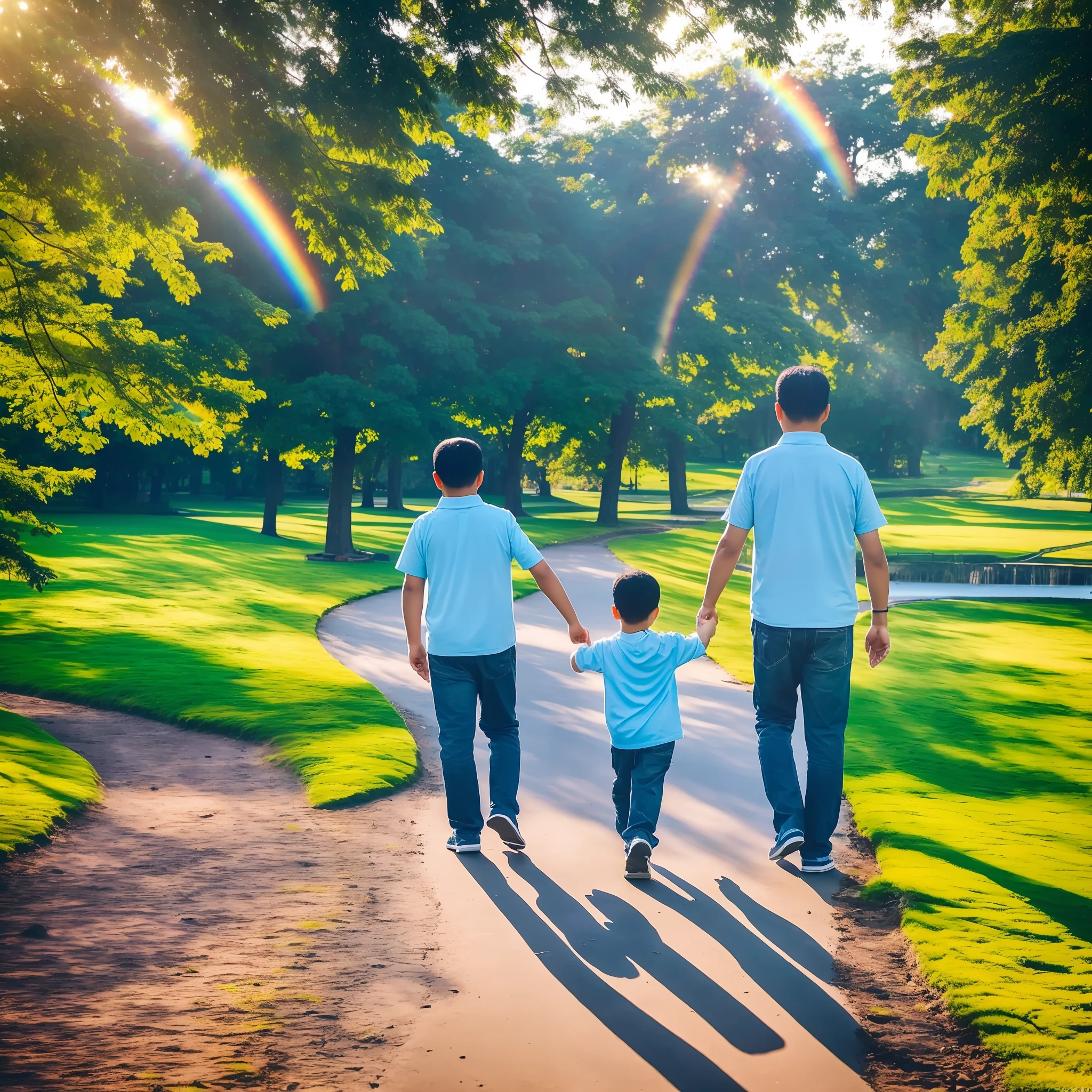 On a sunny morning, Dad took the children's hands and happily walked through the park, with rainbows and lakes， 爸爸转过头回眸一笑 --auto --s2