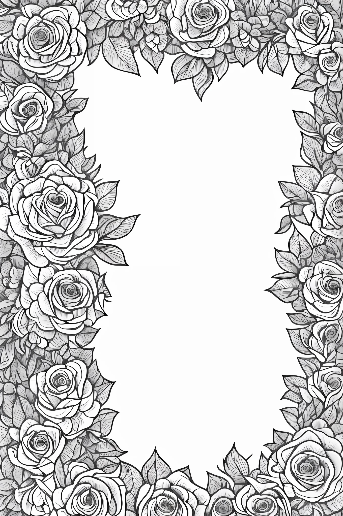 a black and white drawing of roses with leaves in a heart shape, insanely detailed linework, highly detailed linework, dense linework, perfectly detailed linework, black and white line art, extremely detailed linework, hyper detailed line art, black on white line art, detailed line art, illustration black outlining, thorns and vines. detailed, intricate border designs