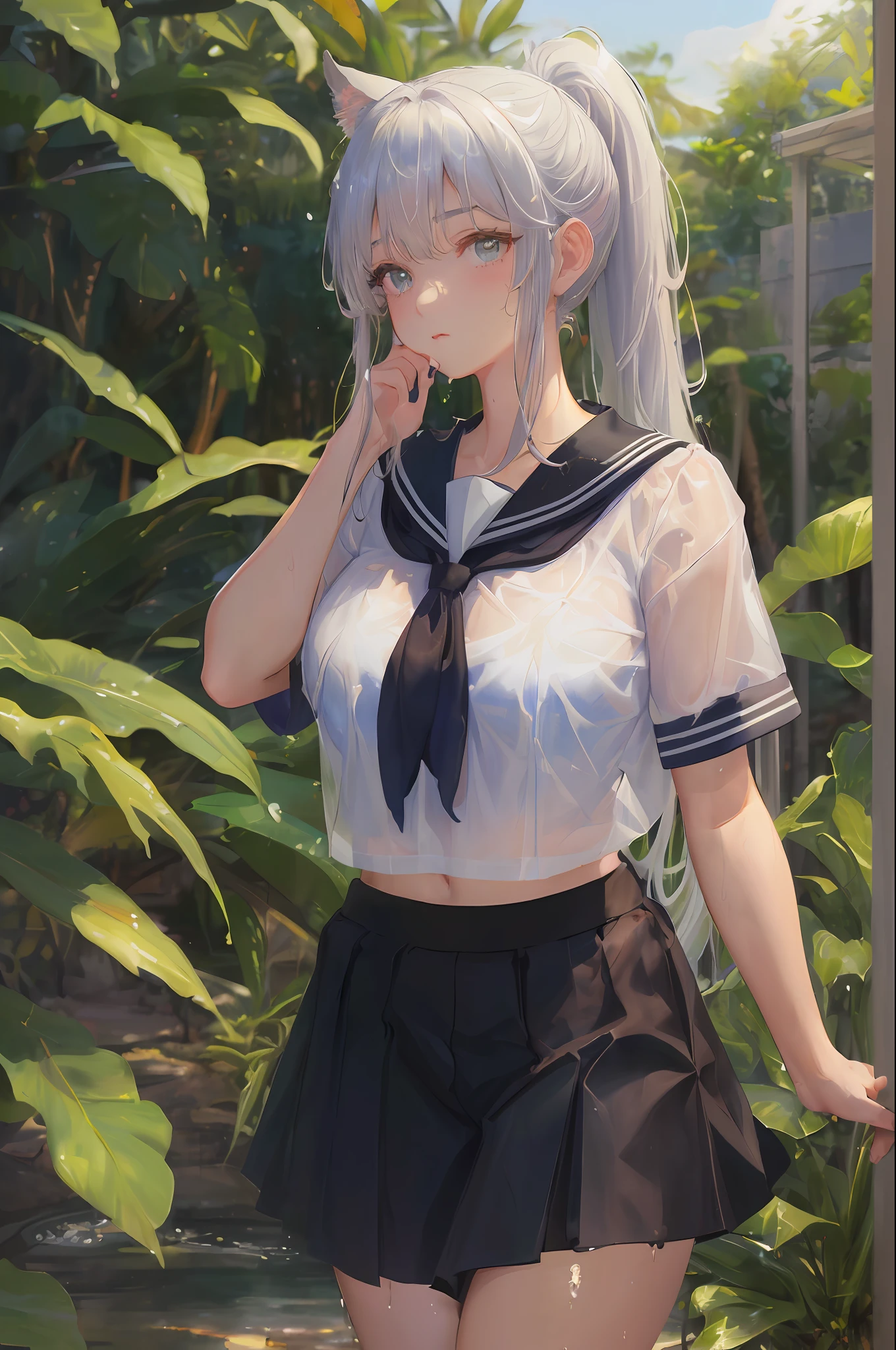Cornflower art, dreamy, (masterpiece, top quality, perfect anatomy, beautiful face, realistic, super detailed, 1 girl, 18 ears senile, solo, depth of field, canon 24mm lens, f1.4, cute_girl, sailor_ collar, clear facial features, short sleeves, big, slender stature, height 170, barefoot, double ponytail, bangs, gravure pose, outdoor, jungle, Blurred background, (Uwabaki: 1.1576)) Drenched all over the body, clear liquid dripping from the crotch, the front of the shirt is exposed, revealing the breasts,