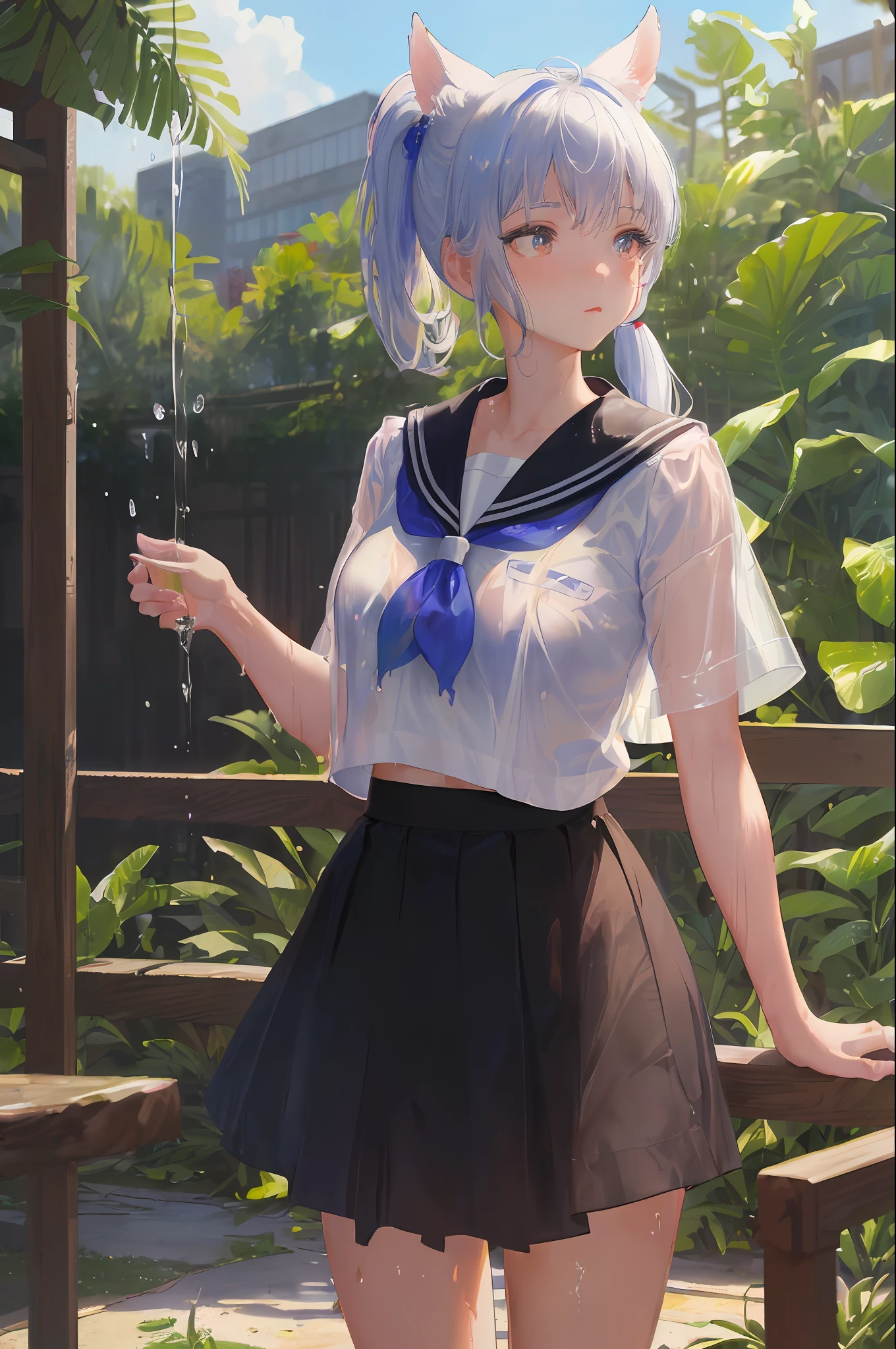 Cornflower art, dreamy, (masterpiece, top quality, perfect anatomy, beautiful face, realistic, super detailed, 1 girl, 18 ears senile, solo, depth of field, canon 24mm lens, f1.4, cute_girl, sailor_ collar, clear facial features, short sleeves, big, slender stature, height 170, barefoot, double ponytail, bangs, gravure pose, outdoor, jungle, Blurred background, (Uwabaki: 1.1576)) Drenched all over the body, clear liquid dripping from the crotch, the front of the shirt is exposed, revealing the breasts,