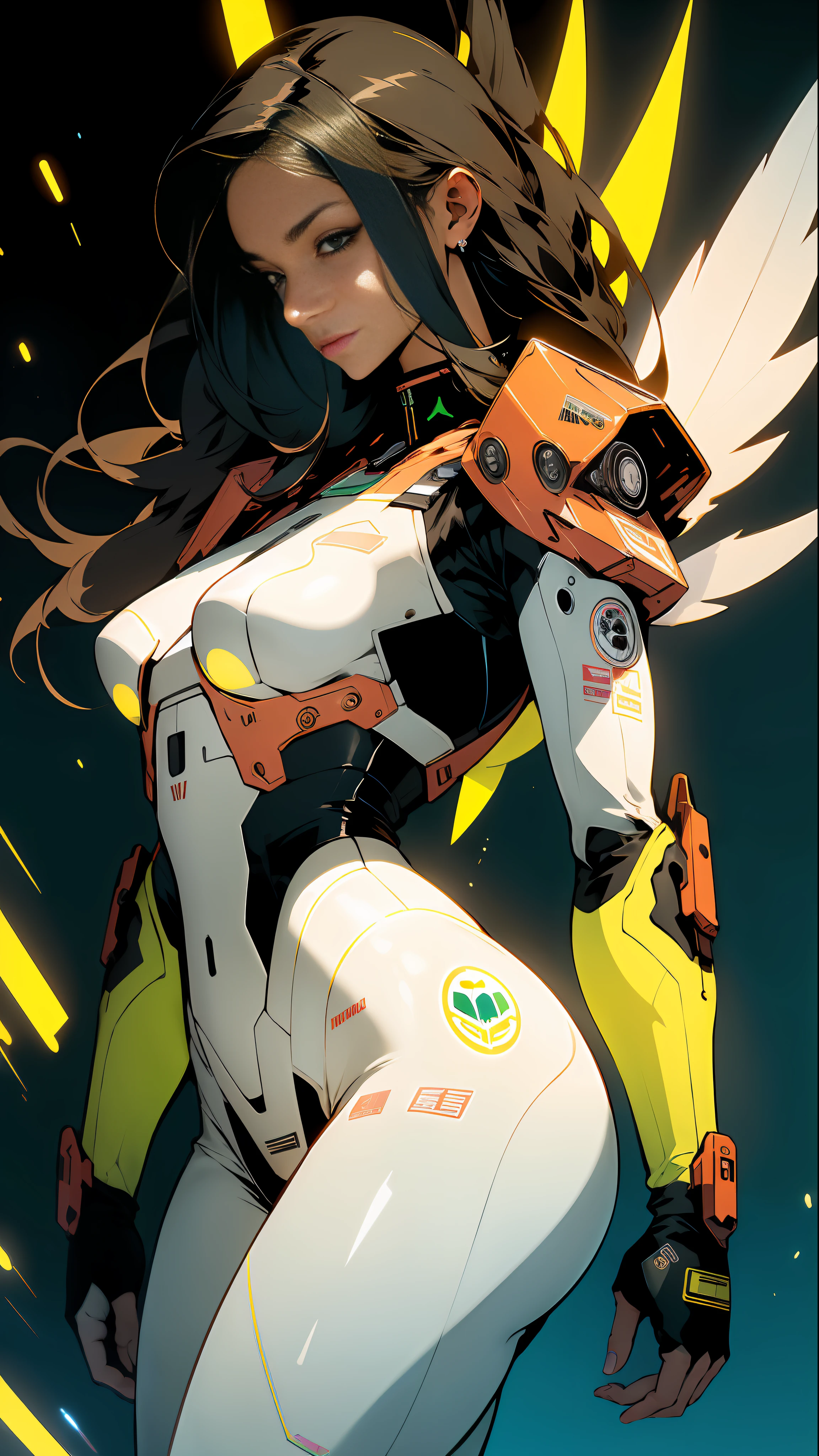 ((Best quality)), ((masterpiece)), (detailed: 1.4), (Absurd), Fighter pilot indigenous woman from Brazil ready for war, dark skin, with a feather on her head, ornaments typical of the natives of Brazil, defined muscular sculptural body, half thick naked thighs, closed mouth, muscular body covered by technological clothing, Neon Genesis Evangelion style, cyberpunk, generous neckline, ((perfect medium breasts)), (brown eyes without pupils), ((dark green, yellow, blue and white clothing)), (((black hair fulfilled super straight and drained with heavy bangs over the forehead)))), band tied on the arm, long eyelashes heavy makeup, garter belt, by mucha, niji --V5, close to real, psychopath, crazy face, sexy pose, background with a giant Gundam-style Robot head, 2 piece clothing, shoulder pads with airplane wings on the back, pastel, centered, scale to fit dimensions, HDR (High Dynamic Range),Ray Tracing,NVIDIA RTX,Super-Resolution,Unreal 5,Subsurface dispersion, PBR texture, Post-processing, Anisotropic filtering, Depth of field, Maximum clarity and sharpness, Multilayer textures, Albedo and specular maps, Surface shading, Accurate simulation of light-material interaction, Perfect Proportions, Octane Render, Two-Tone Lighting, Wide Aperture, Low ISO, White Balance, Rule of Thirds, 8K RAW, Crysisnanosuit