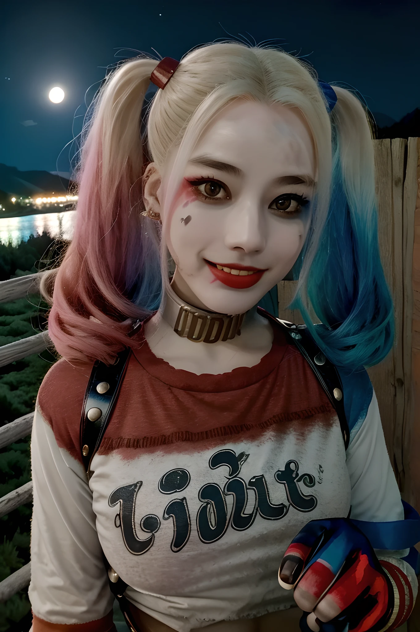 1girl, harleyquinn, twintails, multicolored hair, ((upper body selfie, happy)), masterpiece, best quality, ultra-detailed, solo, outdoors, (night), mountains, nature, (stars, moon) cheerful, happy, mountain boots, gloves, flashlight, forest, rocks, river, wood, smoke, shadows, contrast, clear sky, analog style, (look at viewer:1.2), (skin texture), (film grain:1.3), (warm hue, warm tone :1.2), close up, cinematic light, sidelighting, ultra high res, best shadow, RAW, upper body, wearing pullover
