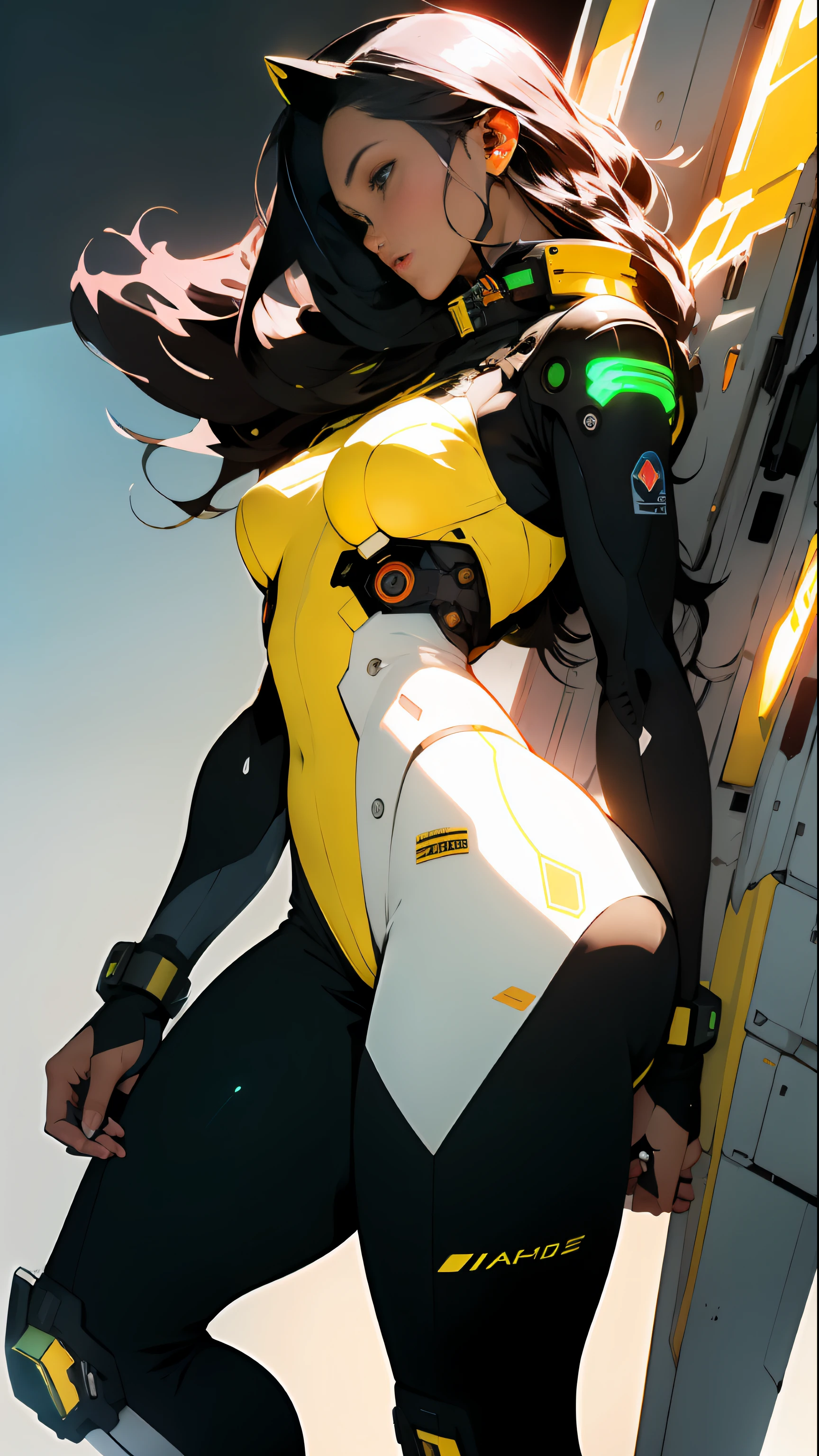 ((Best quality)), ((masterpiece)), (detailed: 1.4), (Absurd), Fighter pilot indigenous woman from Brazil ready for war, dark skin, with a feather on her head, ornaments typical of the natives of Brazil, defined muscular sculptural body, half thick naked thighs, closed mouth, muscular body covered by technological clothing, Neon Genesis Evangelion style, cyberpunk, generous neckline, ((perfect medium breasts)), (brown eyes without pupils), ((dark green clothing, with some yellow, blue and white elements)), (((black hair fulfilled super straight and drained with heavy bangs over the forehead)))), band tied on the arm, long eyelashes heavy makeup, garter belt, by mucha, niji --V5, close to the real, psychopath, crazy face, sexy pose, background with a giant Gundam-style Robot head, 2 piece clothing, shoulder pads with airplane wings on the back, pastel, centered, scale to fit dimensions, HDR (High Dynamic Range),Ray Tracing,NVIDIA RTX,Super-Resolution,Unreal 5,Subsurface dispersion, PBR texture, Post-processing, Anisotropic filtering, Depth of field, Maximum clarity and sharpness, Multilayer textures, Albedo and specular maps, Surface shading, Accurate simulation of light-material interaction, Perfect Proportions, Octane Render, Two-Tone Lighting, Wide Aperture, Low ISO, White Balance, Rule of Thirds, 8K RAW, Crysisnanosuit