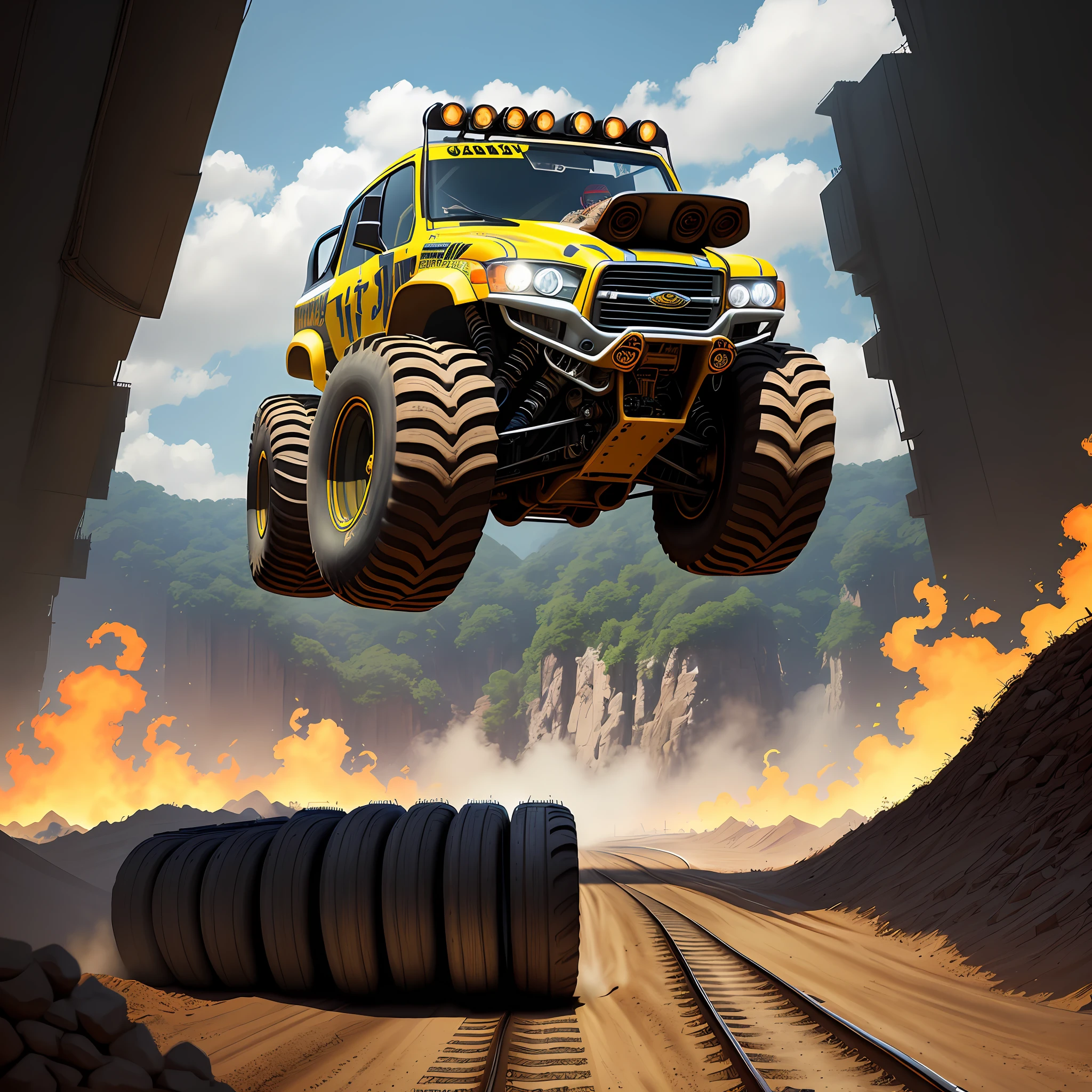 Imagine an exhilarating setting on a colossal-sized racetrack filled with challenging obstacles and a cheering crowd. You are in control of an incredible Monster Truck car, with giant tires, high suspension and a robust body. In front of you, the track stretches for miles, full of ramps, potholes, abandoned cars and even a raging river. As you prepare for the race, you can feel the adrenaline coursing through your veins. The crowd is ecstatic, eager to see the amazing stunts your Monster Truck is capable of. The roar of the engine fills the air, announcing that it's time to start. The moment the green light is given, you step on the gas and your monster car shoots out with tremendous force. The suspension soaks up the bumps when traversing the first few hurdles, as the crowd cheers and applauds. You feel the sensation of freedom as you fly through the jumps, performing spectacular maneuvers in the air. The track presents unique challenges such as a dark and tight tunnel, requiring skill and precision to maneuver your Monster Truck. Upon emerging from the tunnel, you are faced with a sequence of cars piled up, ready to be crushed under your giant tires. With millimeter precision, you crush them one by one, leaving a trail of destruction behind. But the race doesn't stop there. Now, you approach a stretch where a raging river crosses the track. With an audacious leap, your Monster Truck flies over the river, making a perfect landing on the other side. The crowd goes wild at this display of courage and skill. As the race draws to a close, the track becomes even more challenging. Steep ramps, spinning obstacles and even a flaming hoop stand between you and the finish line. With all your skill and determination, you overcome each obstacle, dazzling the crowd with impressive stunts. Finally, you cross the finish line triumphantly in your Monster Truck. The crowd erupts in deafening applause, recognizing her incredible performance and courage. You get out of your monstrous