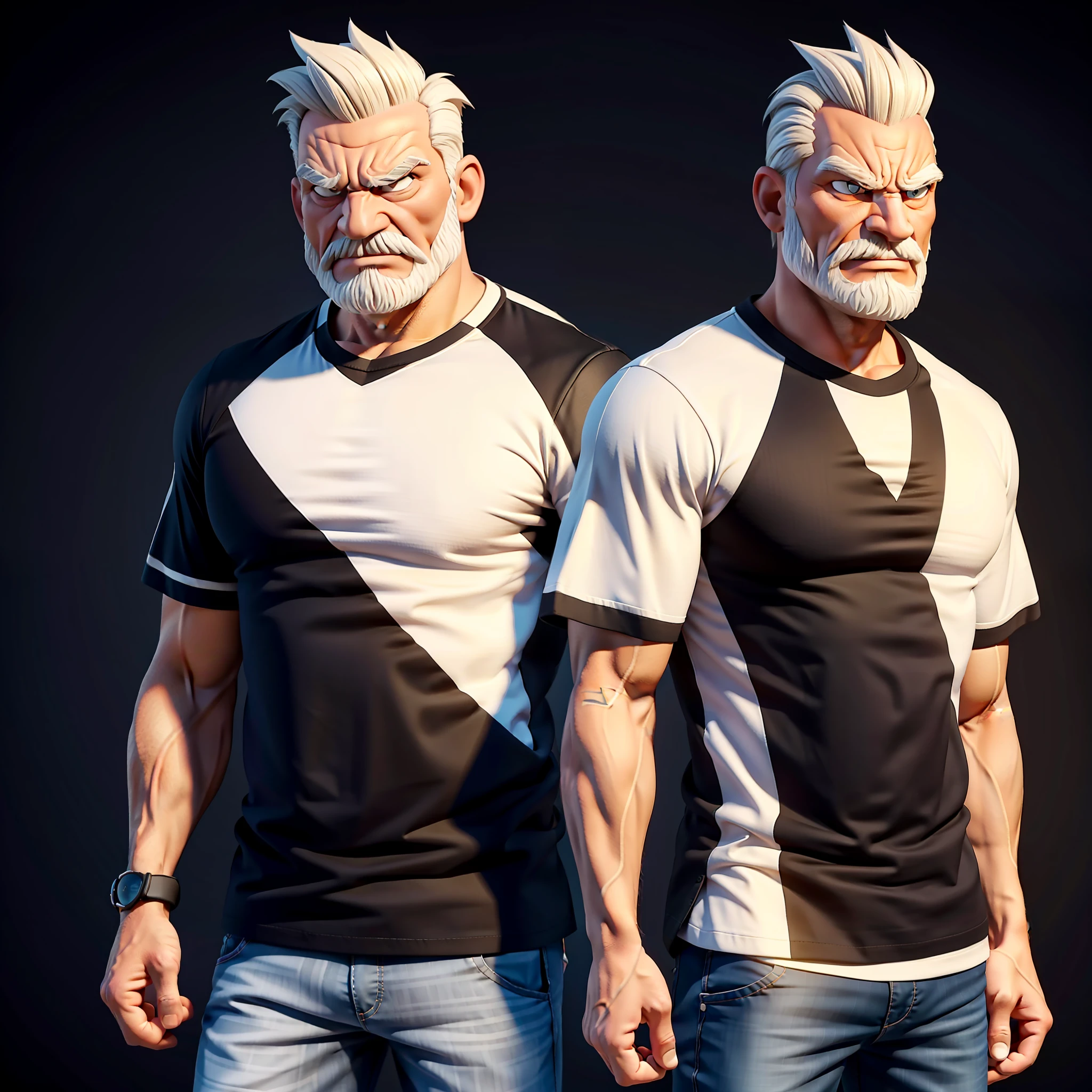 Create an 8K cartoon drawing of a full-length, well-muscled, angry old man in a black white-striped shirt. Make sure you only have an old man, and that the resulting image has a cartoon look, with vibrant colors and soft edges. Add details to give the old man an angry look, such as furrowed eyebrows and a tight mouth. Make sure that the black shirt striped with white is an important element of the image, and add details to make it attractive and interesting. Add textures and details to make the image more realistic, such as the appearance of the shirt's texture and the appearance of the skin. Make sure the resulting image is a high resolution, 8K quality." —c 10 —ar 2:3