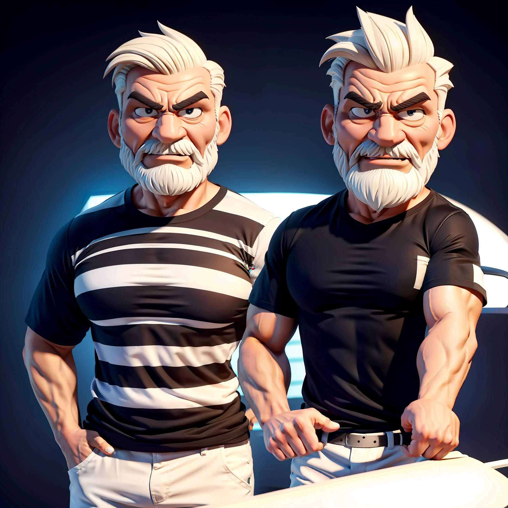 Create an 8K cartoon drawing of a full-length, well-muscled, angry old man in a black white-striped shirt. Make sure the resulting image has a cartoon look, with vibrant colors and soft edges. Add details to give the old man an angry look, such as furrowed eyebrows and a tight mouth. Make sure that the black shirt striped with white is an important element of the image, and add details to make it attractive and interesting. Add textures and details to make the image more realistic, such as the appearance of the shirt's texture and the appearance of the skin. Make sure the resulting image is a high resolution, 8K quality." —c 10 —ar 2:3