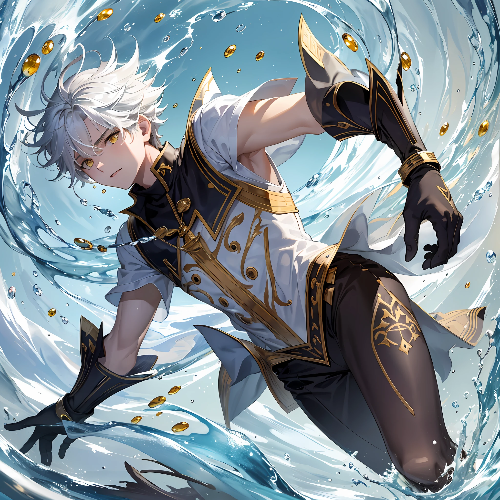 "((best quality)), ultra-detailed, floating, dynamic angle, dynamic pose, high resolution, vivid watercolor, in an aquatic environment, there is a (boy:1.33)0.9] with yellow eyes, white hair, and a monster behind him."