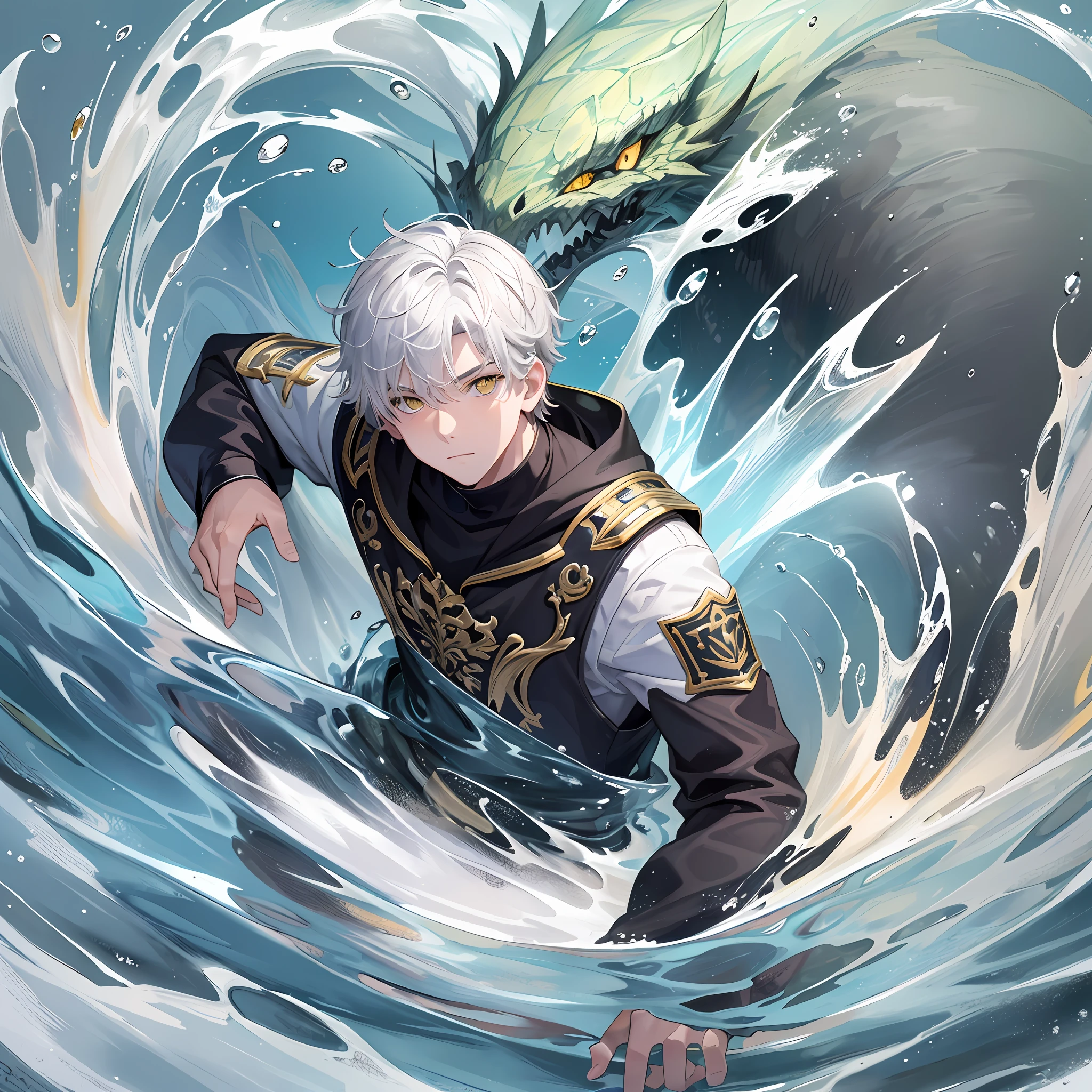 "((best quality)), ultra-detailed, floating, dynamic angle, dynamic pose, high resolution, vivid watercolor, in an aquatic environment, there is a (boy:1.33)0.9] with yellow eyes, white hair, and a monster behind him."