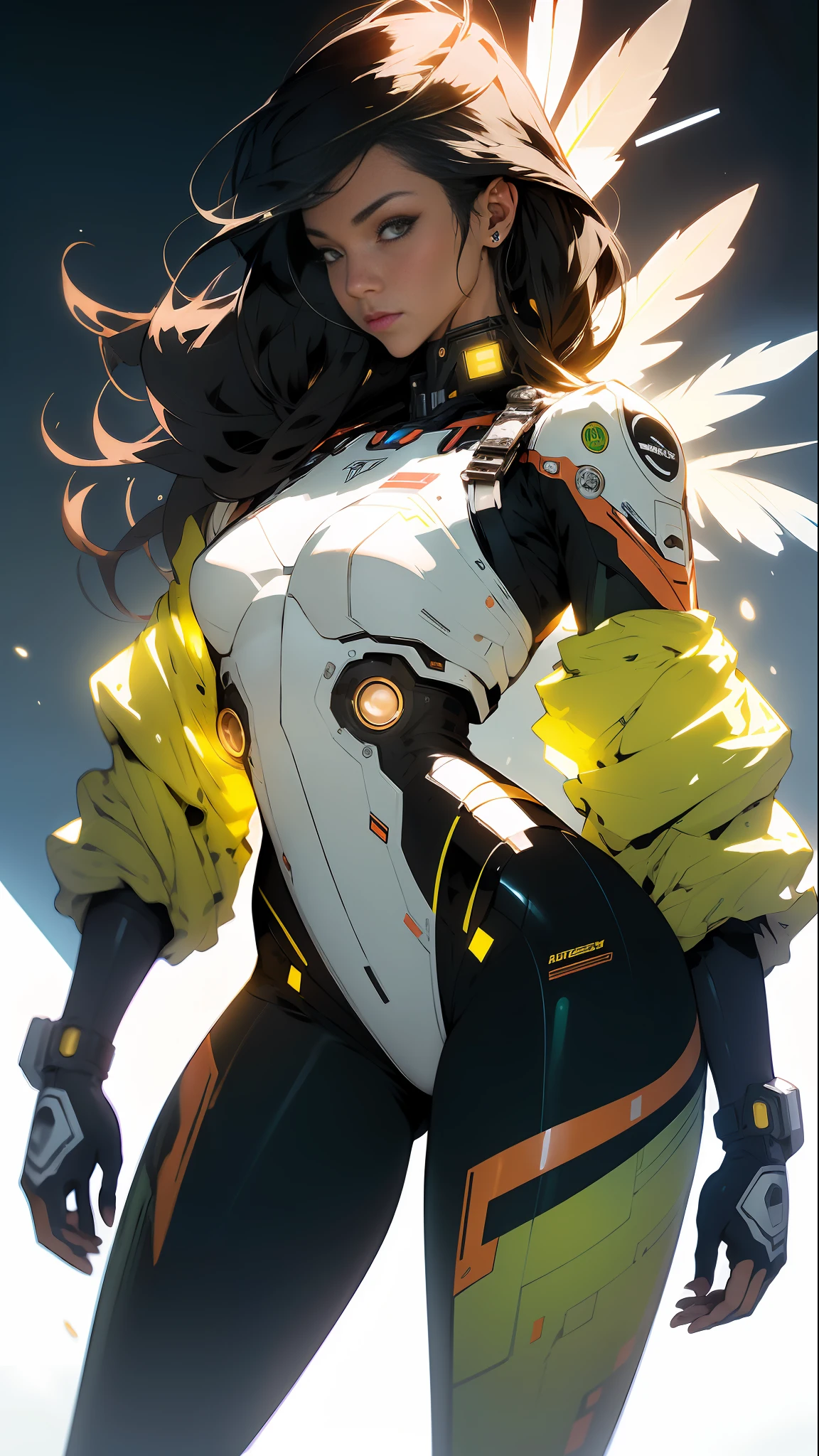 ((Best quality)), ((masterpiece)), (detailed: 1.4), (Absurd), Fighter pilot indigenous woman from Brazil ready for war, dark skin, with a feather on her head, ornaments typical of the natives of Brazil, defined muscular sculptural body, half thick naked thighs, closed mouth, muscular body covered by technological clothing, Neon Genesis Evangelion style, cyberpunk, generous neckline, ((perfect medium breasts)), (brown eyes without pupils), ((dark green clothing, with some yellow, blue and white elements)), (((black hair fulfilled super straight and drained with heavy bangs over the forehead)))), band tied on the arm, long eyelashes heavy makeup, garter belt, by mucha, niji --V5, close to the real, psychopath, crazy face, sexy pose, background with a giant Gundam-style Robot head, 2 piece clothing, shoulder pads with airplane wings on the back, pastel, centered, scale to fit dimensions, HDR (High Dynamic Range),Ray Tracing,NVIDIA RTX,Super-Resolution,Unreal 5,Subsurface dispersion, PBR texture, Post-processing, Anisotropic filtering, Depth of field, Maximum clarity and sharpness, Multilayer textures, Albedo and specular maps, Surface shading, Accurate simulation of light-material interaction, Perfect Proportions, Octane Render, Two-Tone Lighting, Wide Aperture, Low ISO, White Balance, Rule of Thirds, 8K RAW, Crysisnanosuit