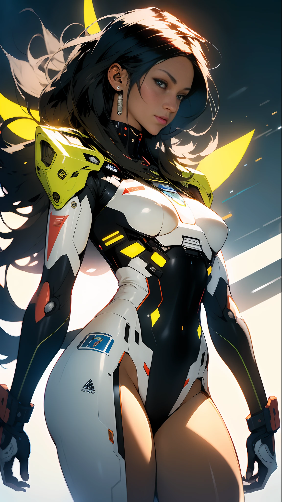 ((Best quality)), ((masterpiece)), (detailed: 1.4), (Absurd), Fighter pilot indigenous woman from Brazil ready for war, dark skin, with a feather on her head, ornaments typical of the natives of Brazil, defined muscular sculptural body, half thick naked thighs, closed mouth, muscular body covered by technological clothing, Neon Genesis Evangelion style, cyberpunk, generous neckline, ((perfect medium breasts)),  (brown eyes without pupils), ((dark green clothing, with some yellow, blue and white elements)), (((black hair fulfilled super straight and drained with heavy bangs over the forehead)))), band tied on the arm, long eyelashes heavy makeup, garter belt, by mucha, niji --V5, close to the real, psychopath, crazy face, sexy pose, background with a giant Gundam-style Robot head,  2 piece clothing, shoulder pads with airplane wings on the back, pastel, centered, scale to fit dimensions, HDR (High Dynamic Range),Ray Tracing,NVIDIA RTX,Super-Resolution,Unreal 5,Subsurface dispersion, PBR texture, Post-processing, Anisotropic filtering, Depth of field, Maximum clarity and sharpness, Multilayer textures, Albedo and specular maps, Surface shading, Accurate simulation of light-material interaction,  Perfect Proportions, Octane Render, Two-Tone Lighting, Wide Aperture, Low ISO, White Balance, Rule of Thirds, 8K RAW, Crysisnanosuit