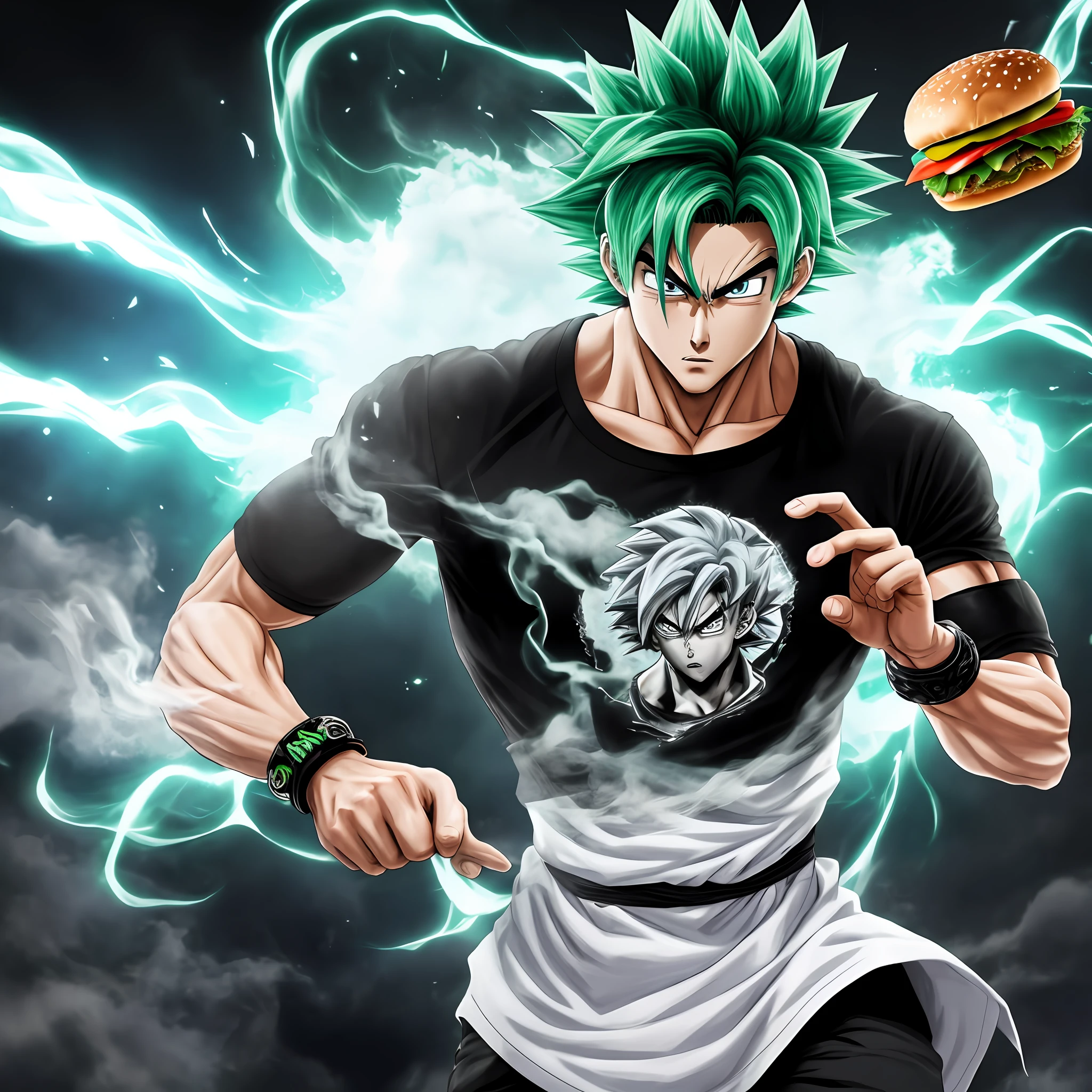 Green hair, Surrealism, 8k, super detail goku, hamburger, solo, 1boy, bravo, hamburger, black hair, black shirt, blue bracelet, clenched hand, closed mouth, collarbone, energy, gray eyes, male focus, muscular man, outstretched arm, band, scene reference, scratches, black shirt, smoke, spiky hair, standing, ultra instinct, V-eyebrows, hamburger, walking, bracelet