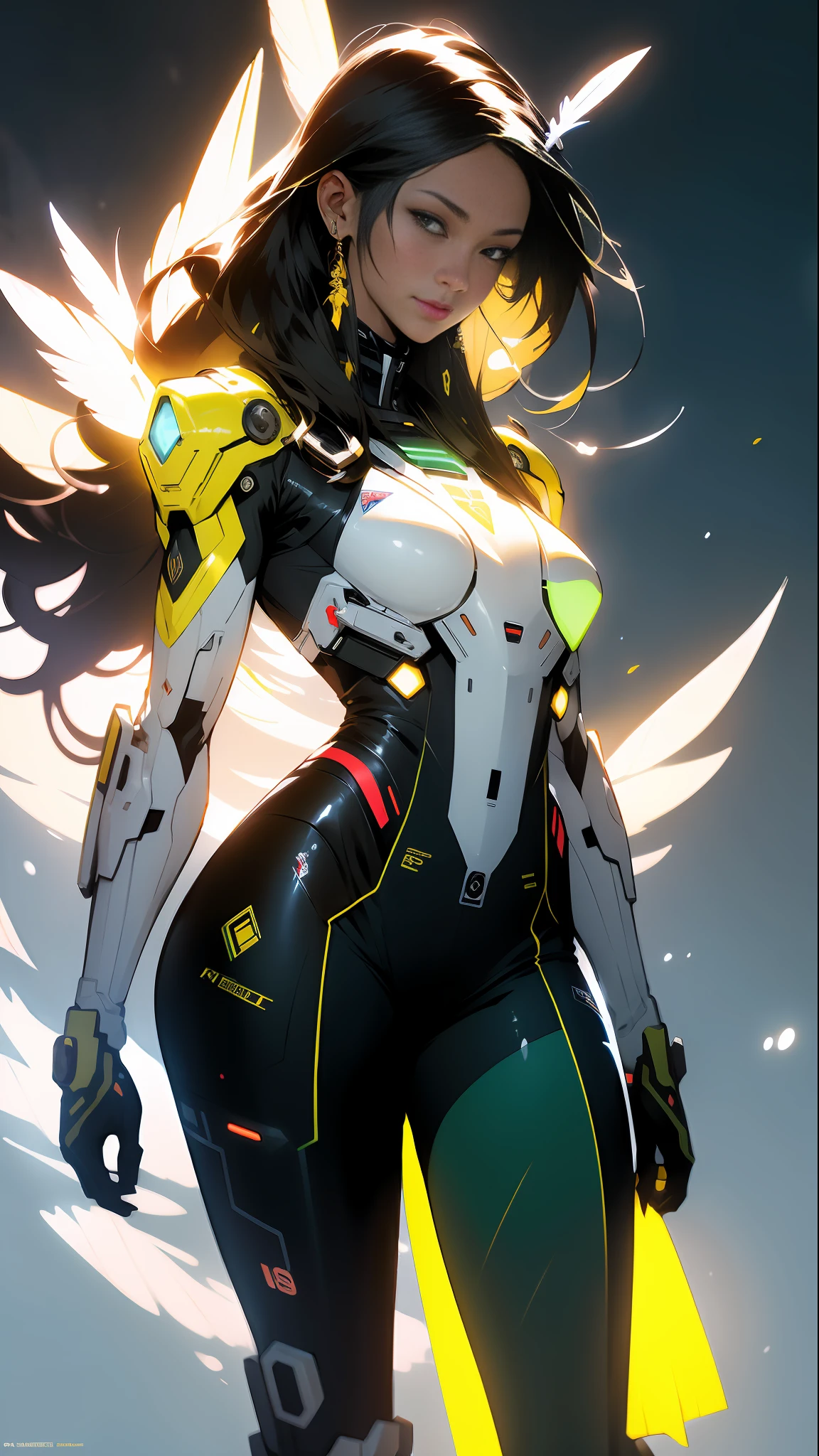 ((Best quality)), ((masterpiece)), (detailed: 1.4), (Absurd), Fighter pilot indigenous woman from Brazil ready for war, dark skin, with a feather on her head, ornaments typical of the natives of Brazil, defined muscular sculptural body, half thick naked thighs, closed mouth, muscular body covered by technological clothing, Neon Genesis Evangelion style, cyberpunk, generous neckline, ((perfect medium breasts)),  (brown eyes without pupils), ((dark green clothing, with some yellow, blue and white elements)), (((black hair fulfilled super straight and drained with heavy bangs over the forehead)))), band tied on the arm, long eyelashes heavy makeup, garter belt, by mucha, niji --V5, close to the real, psychopath, crazy face, sexy pose, background with a giant Gundam-style Robot head,  2 piece clothing, shoulder pads with airplane wings on the back, pastel, centered, scale to fit dimensions, HDR (High Dynamic Range),Ray Tracing,NVIDIA RTX,Super-Resolution,Unreal 5,Subsurface dispersion, PBR texture, Post-processing, Anisotropic filtering, Depth of field, Maximum clarity and sharpness, Multilayer textures, Albedo and specular maps, Surface shading, Accurate simulation of light-material interaction,  Perfect Proportions, Octane Render, Two-Tone Lighting, Wide Aperture, Low ISO, White Balance, Rule of Thirds, 8K RAW, Crysisnanosuit