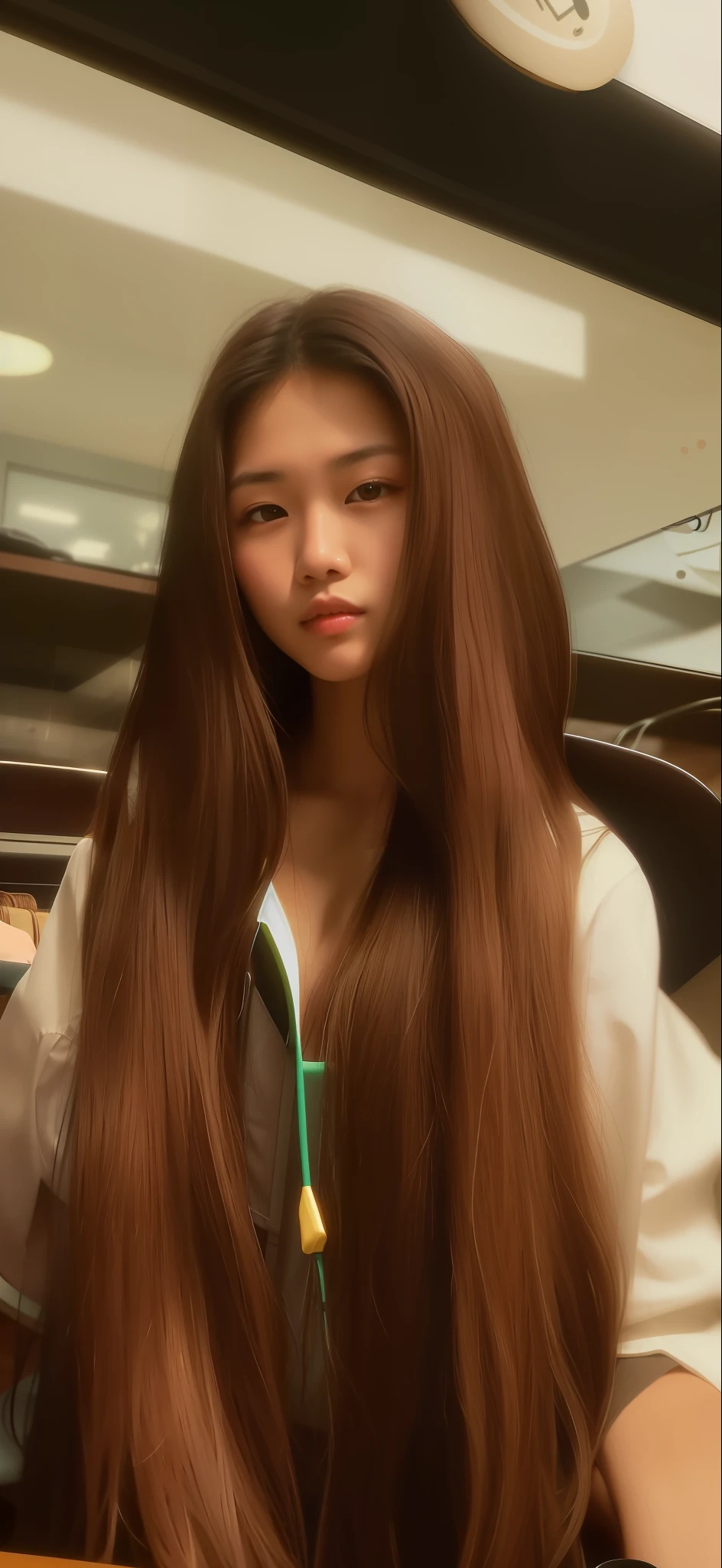 there is a woman with long hair sitting at a table, with long hair, cindy avelino, asian girl with long hair, with long dark hair, her hair is long and straight, brown long hair, brown colored long hair, 18 years old, long hair, brown long and straight hair, ayahausca, appealing long hair, long brown hair
