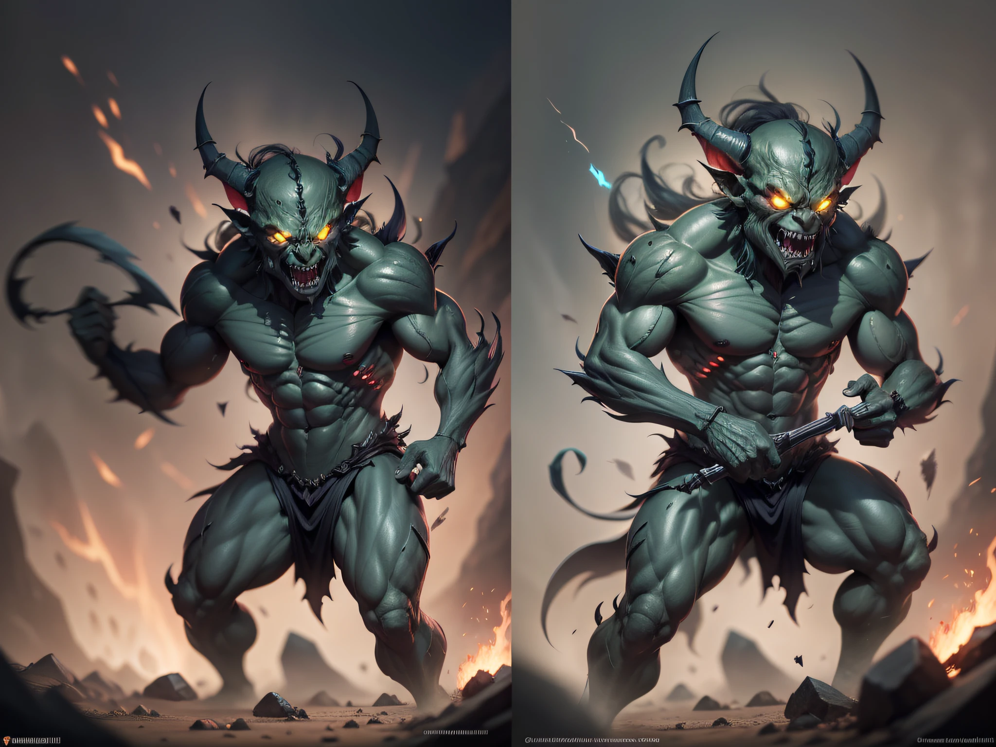 Goblin attacking, attacking stance, multiple views. Black Goblin, aura of shadows., evil smile, vein of rage, forbidden forest. Concept art, cinematic lighting, motion blur, diffraction spikes, Hasselblad, UHD, anatomically correct, textured skin, super detail, 1080P, 4K -