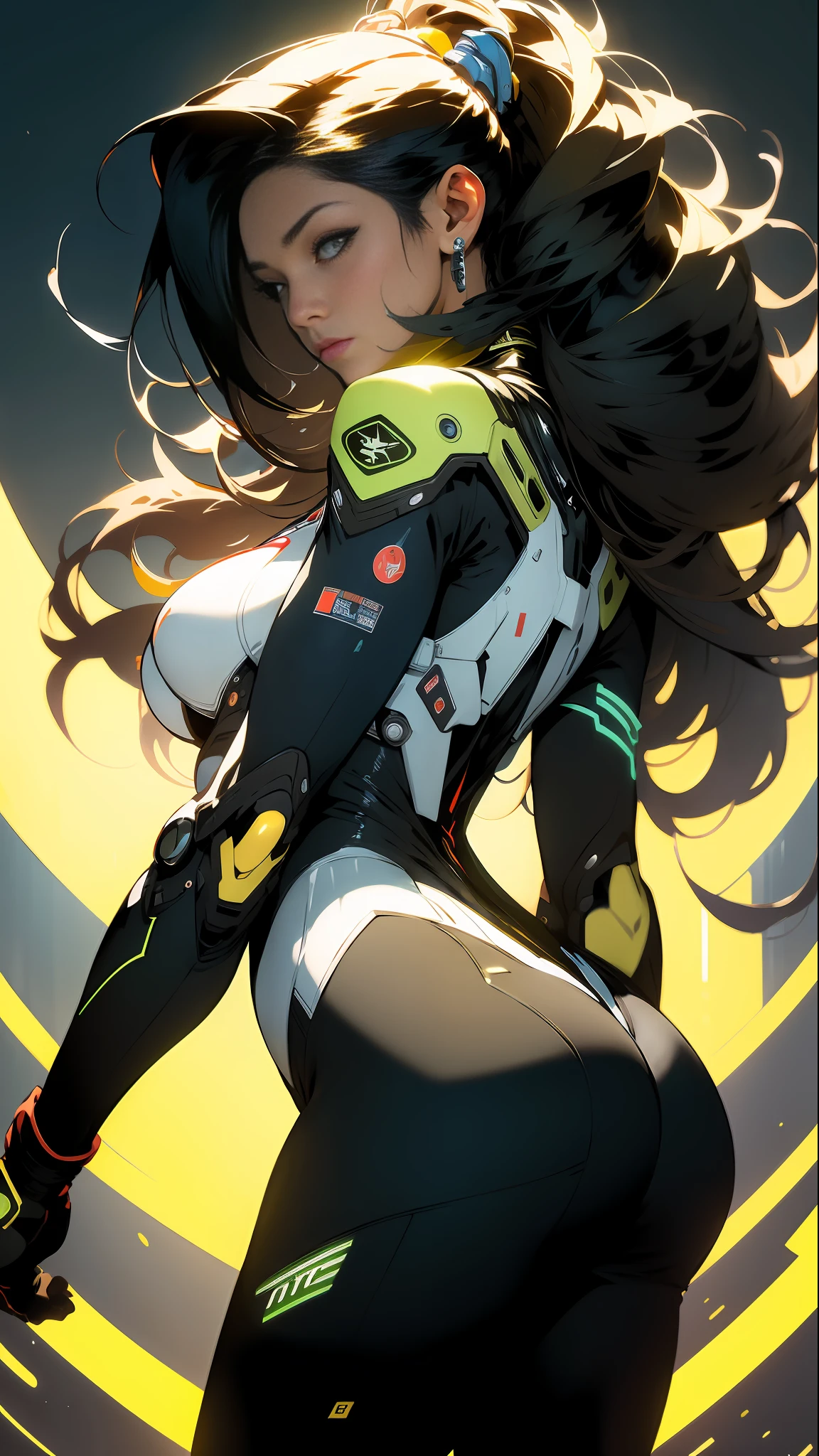 ((Best quality)), ((masterpiece)), (detailed: 1.4), (Absurd), Fighter pilot indigenous woman of Brazil ready for war, on her back, perfect ass, dark skin, with a feather on her head, ornaments typical of the natives of Brazil, defined muscular sculptural body, half thick naked thighs, closed mouth, muscular body covered by technological clothing, Neon Genesis Evangelion style, cyberpunk, generous neckline, ((perfect medium breasts)), (brown eyes without pupils), ((dark green clothing, with some yellow, blue and white elements)), (((black hair fulfilled super straight and drained with heavy bangs over the forehead)))), band tied on the arm, long eyelashes heavy makeup, garter belt, by mucha, niji --V5, close to the real, psychopath, crazy face, sexy pose, background with a giant Gundam-style Robot head, 2 piece clothing, shoulder pads with airplane wings on the back, pastel, centered, scale to fit dimensions, HDR (High Dynamic Range),Ray Tracing,NVIDIA RTX,Super-Resolution,Unreal 5,Subsurface dispersion, PBR texture, Post-processing, Anisotropic filtering, Depth of field, Maximum clarity and sharpness, Multilayer textures, Albedo and specular maps, Surface shading, Accurate simulation of light-material interaction, Perfect Proportions, Octane Render, Two-Tone Lighting, Wide Aperture, Low ISO, White Balance, Rule of Thirds, 8K RAW, Crysisnanosuit