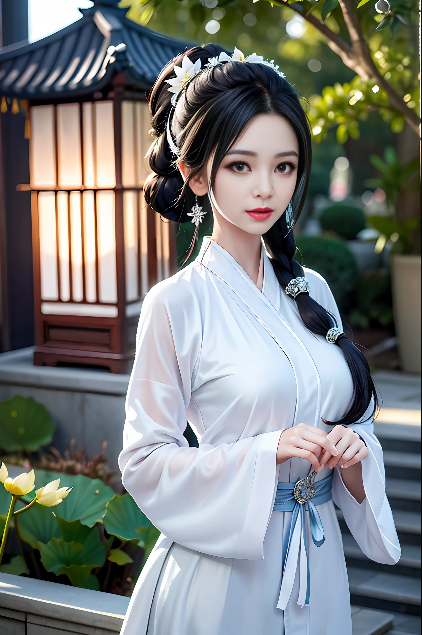 (Best Quality, Masterpiece: 1.2), Ultra High Resolution, Realistic, Front Lighting, Intricate Details, Exquisite Details and Textures, 1 Girl, Solo ,(Young), Face Highlights, Upper Body, Detailed Face, Tear Mole, Shiny Skin, Silver Hair, Ponytail, Braided Hair, Looking at the Audience, Big Eyes, Silk Robe, (Hollow Pattern, White, Silk), Earrings, Big Tits, Slim Body, Architecture, East Asia, Riverside, Lotus Leaf, Lotus, Forest, Professional Lighting, Photon Mapping, Teleportion, physically based rendering,