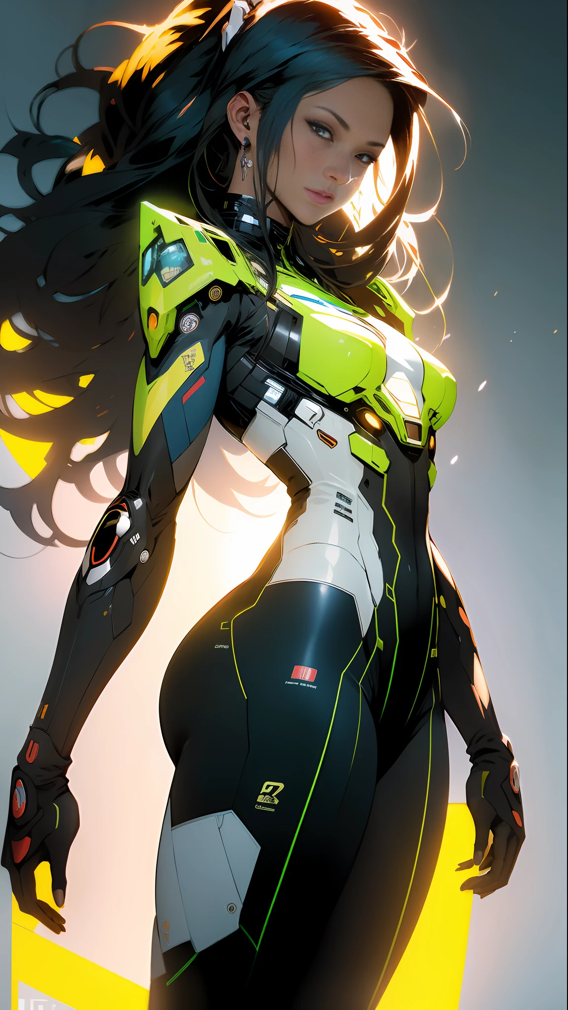 ((Best quality)), ((masterpiece)), (detailed: 1.4), (Absurd), Fighter pilot indigenous woman of Brazil ready for war, on her back, perfect ass, dark skin, with a feather on her head, ornaments typical of the natives of Brazil, defined muscular sculptural body, half thick naked thighs, closed mouth, muscular body covered by technological clothing, Neon Genesis Evangelion style, cyberpunk, generous neckline,  ((perfect medium breasts)), (brown eyes without pupils), ((dark green clothing, with some yellow, blue and white elements)), (((black hair fulfilled super straight and drained with heavy bangs over the forehead)))), band tied on the arm, long eyelashes heavy makeup, garter belt, by mucha, niji --V5, close to the real, psychopath, crazy face, sexy pose, background with a giant Gundam-style Robot head,  2 piece clothing, shoulder pads with airplane wings on the back, pastel, centered, scale to fit dimensions, HDR (High Dynamic Range),Ray Tracing,NVIDIA RTX,Super-Resolution,Unreal 5,Subsurface dispersion, PBR texture, Post-processing, Anisotropic filtering, Depth of field, Maximum clarity and sharpness, Multilayer textures, Albedo and specular maps, Surface shading, Accurate simulation of light-material interaction,  Perfect Proportions, Octane Render, Two-Tone Lighting, Wide Aperture, Low ISO, White Balance, Rule of Thirds, 8K RAW, Crysisnanosuit