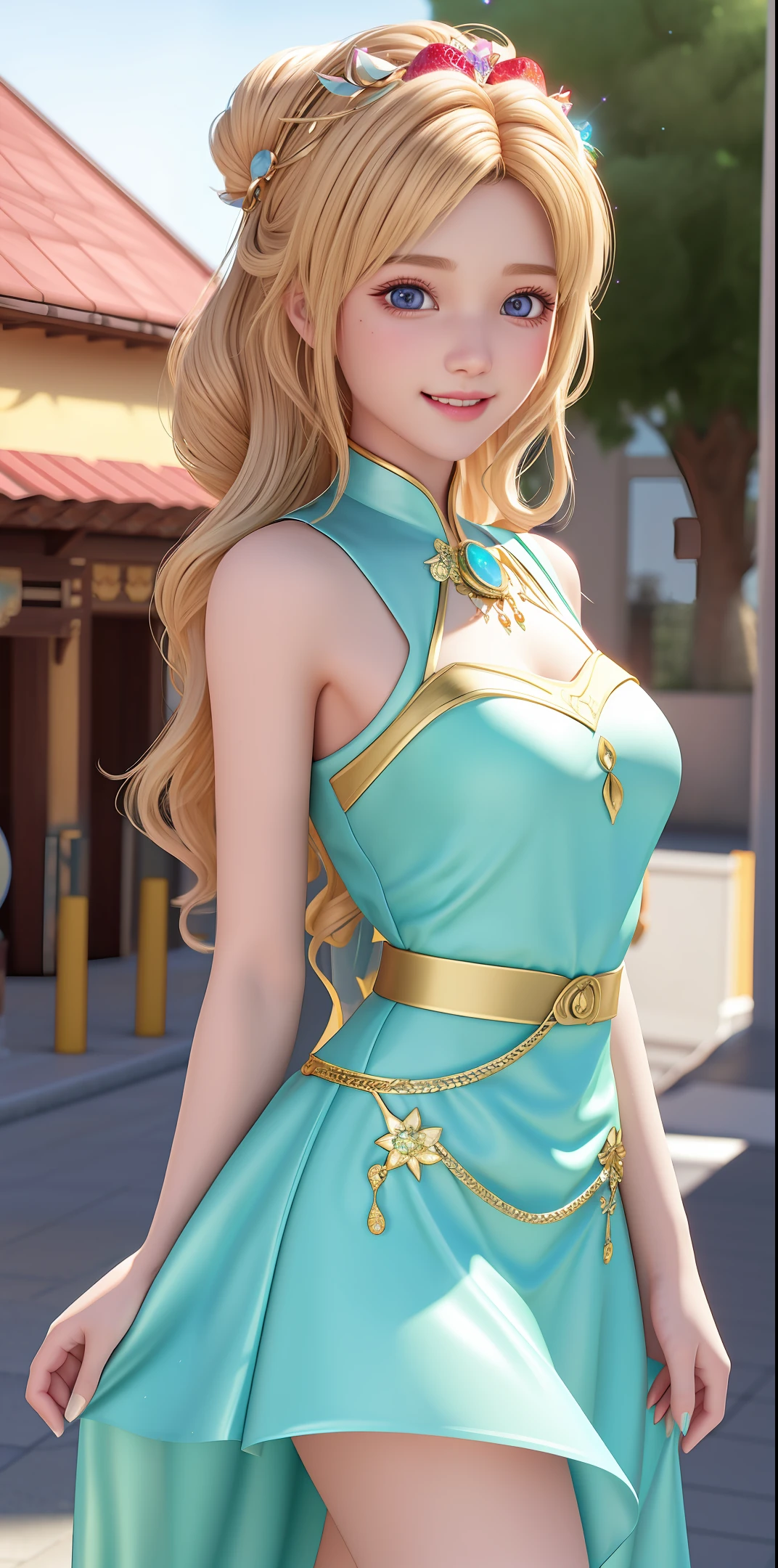 Woman in a dress with strap, pixar style, in the style of luminous 3d objects, she has a cartoon smile, with beautiful eyes tanned skin and rosy cheeks, a winning photograph of the society contest, long strawberry, she holds the edge of the dress with both hands, lifting it slightly, - blonde hair, dorne, very curly blonde hair, Street vibes iridescence/opalescence, glitter, highly detailed photorealistic, 16k --expressive style --niji 5