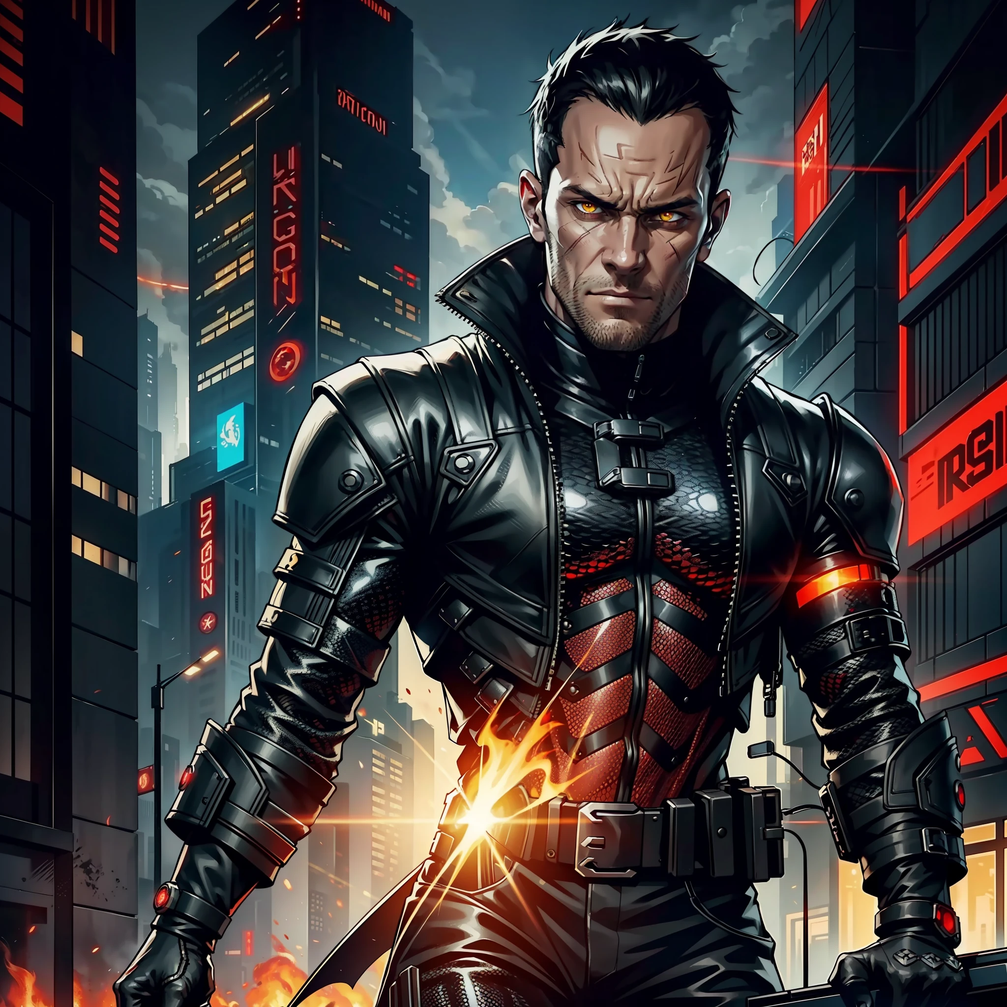 "(black cyberpunk jacket:1) (1man) dark theme :: focus on closeup face, rebellious face, Jason Statham face, ultra realistic futuristic cyberpunk skinny man, red dragon scales on the body, red dragon scales on the hands, red dragon scales on the face, in front of cyberpunk buildings :: very short black hair :: cool cybernetic black jacket :: yellow dragon eyes ::  flames coming out of hands :: natural lighting :: bokeh :: 8k :: best quality :: masterpiece :: insanely detailed:1.5"