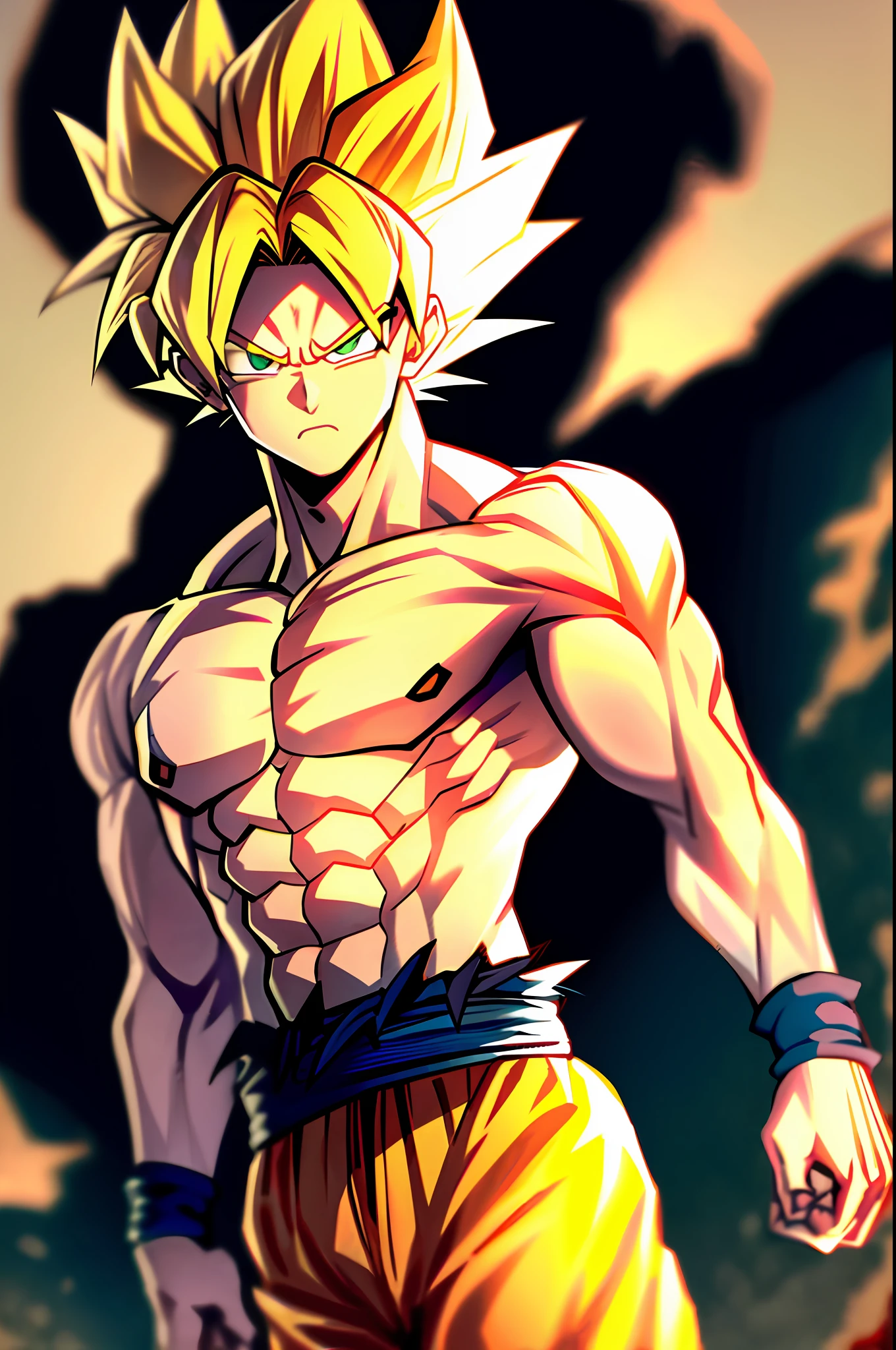 son goku, 1boy, artist name, biceps, blonde hair, blood, blood from mouth, blue sash, blue wristband, clenched hands, closed mouth, collarbone, dougi, electricity, energy, floating rock, frown, green eyes, looking at viewer, male focus, muscular, muscular male, pectorals, ribs, rock, sash, scratches, serious, solo, spiked hair, super saiyan, super saiyan 1, topless male, torn clothes, v-shaped eyebrows, wristband, ((masterpiece))