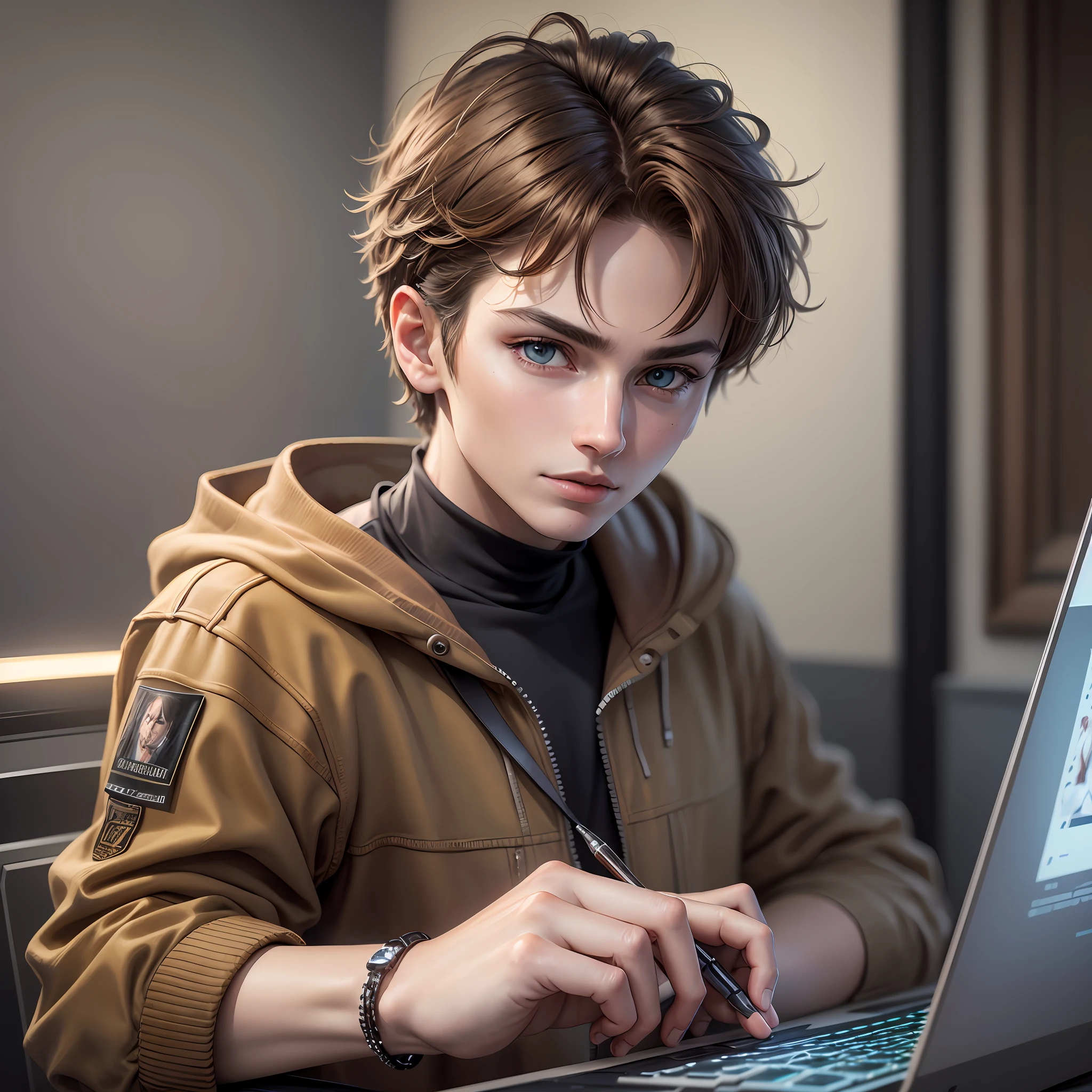 Highest quality, masterpiece, super high resolution, (photorealistic: 1.4), raw photo, Create an image with Man. with hyper-realistic skin, ordinary clothes, short hair and spiky brown color, realistic, fiddling with the computer, in high resolution and futuristic concept, with many details and well-designed eyes hyper-realism --auto --s2