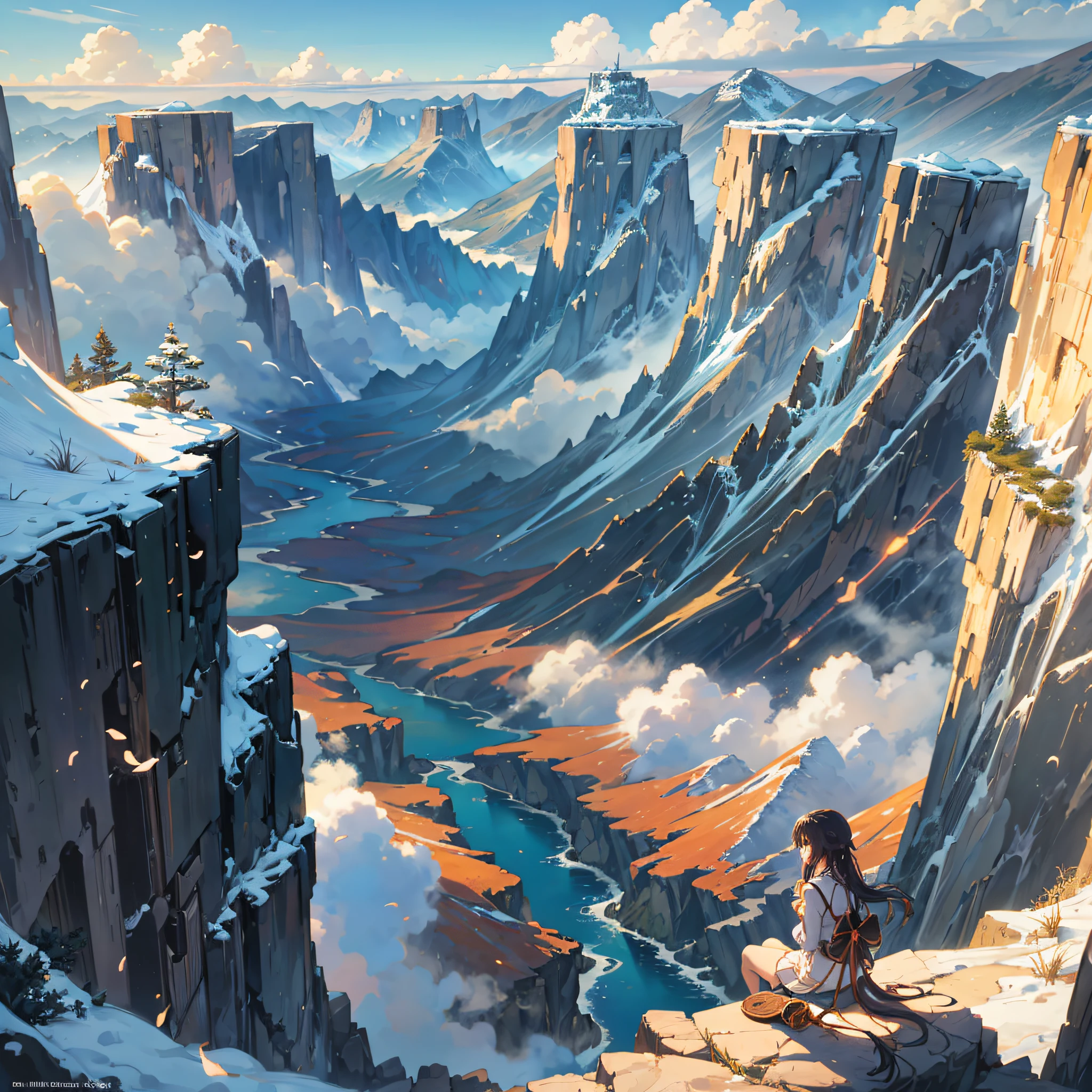 anime girl sitting on a rock overlooking a valley and a mountain, a picture by Makoto Shinkai, pixiv contest winner, fantasy art, anime landscape, anime landscape wallpaper, beautiful anime scenery, anime countryside landscape, anime beautiful peace scene, makoto shinkai cyril rolando, anime scenery, beautiful anime scene, anime nature wallpap, anime nature, anime movie background --auto --s2