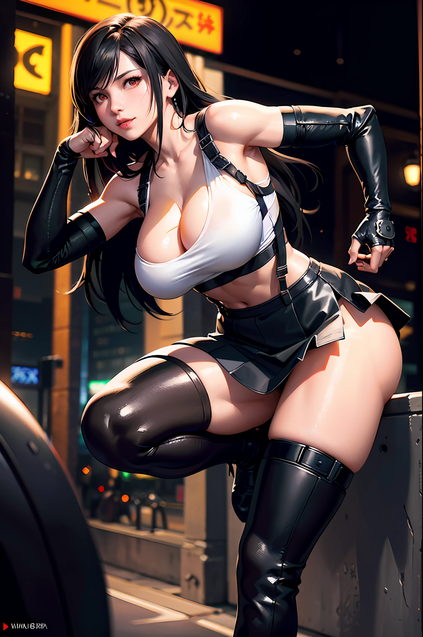 (8k, best quality, masterpiece:1.2), (realistic, photo-realistic:1.37), ultra-detailed, 1 girl,cute, solo, (tifa lockhart), (huge breasts),(beautiful detailed eyes), (smile:1.2), (closed mouth), erotic pose, dancing, neon lights, cityscape, depth of field, dark intense shadows, sharp focus, cars, motion blur, motor bikes, depth of field, good composition, green glowing light, Final Fantasy VII, dating,(nose blush), single elbow pad, ankle boots, black hair, black thighhighs, red boots, elbow gloves, elbow pads, fingerless gloves, taut shirt, sports bra, (suspender black skirt), thighhighs, white tank top, full body, head rest, lips, pretty face, low-tied long hair, ((red_eyes)), yellow flowers, (night:1.3), intricate, bokeh, cinematic lighting, photon mapping, radiosity, physically-based rendering, (Tetsuya Nomura style), nsfw, perfect breasts