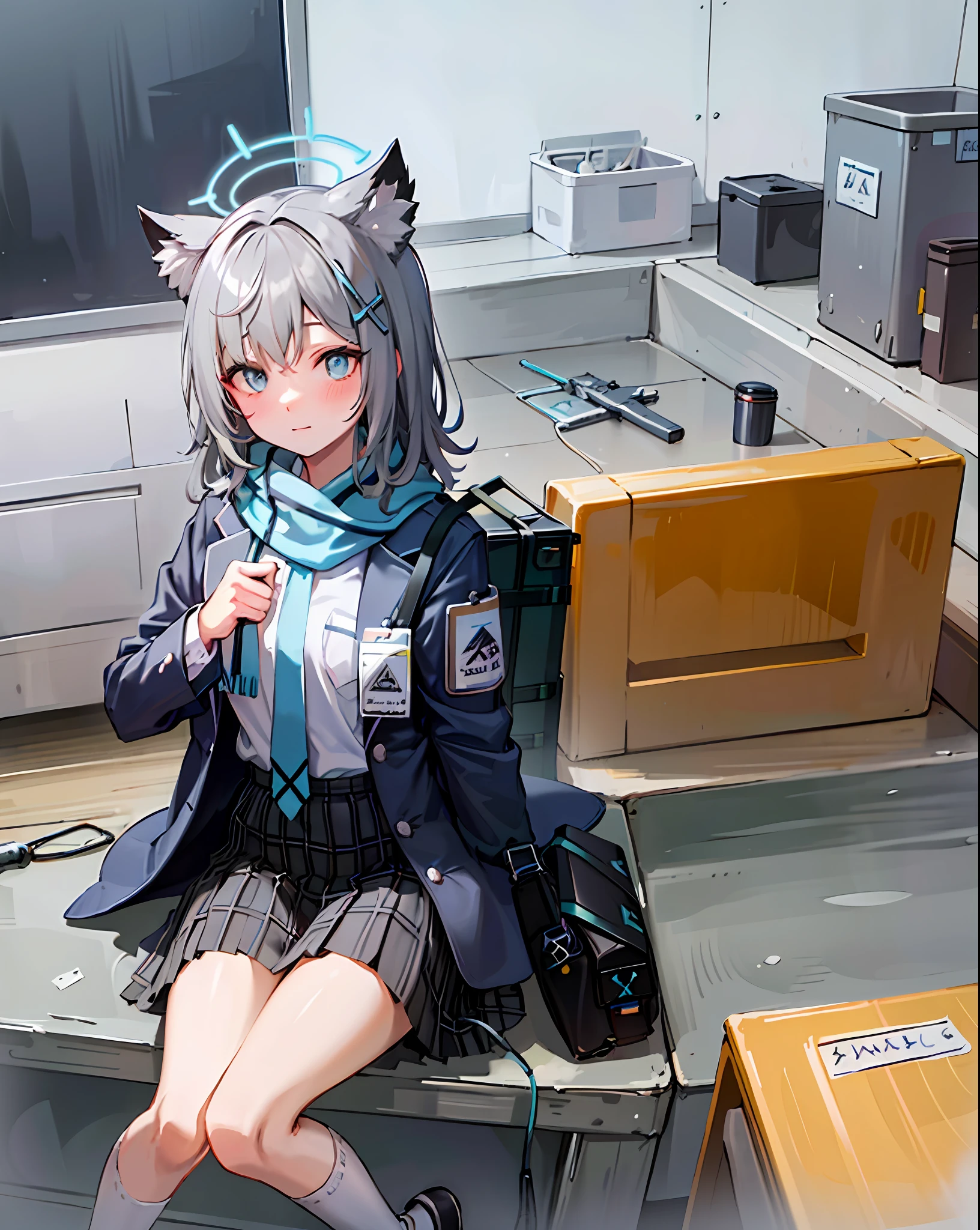 1girl, solo, shiroko (blue archive), animal ears, skirt, scarf, blue eyes, jacket, shirt, white socks, socks, plaid skirt, animal ear fluff, halo, white shirt, looking at viewer, open clothes, bag, hair ornament, shoes, blue scarf, necktie, outdoors, bangs, pleated skirt, open jacket, plaid, grey hair, school uniform, railing, long sleeves, cross hair ornament, shoulder bag, shirt tucked in, blue necktie, kneehighs, black skirt, hair between eyes, extra ears, mismatched pupils, blue jacket, school bag, black bag, blazer, sneakers, striped, closed mouth, pocket, cat ears, striped scarf, fringe trim, medium hair,(((grey hair))),(((blue eyes)))