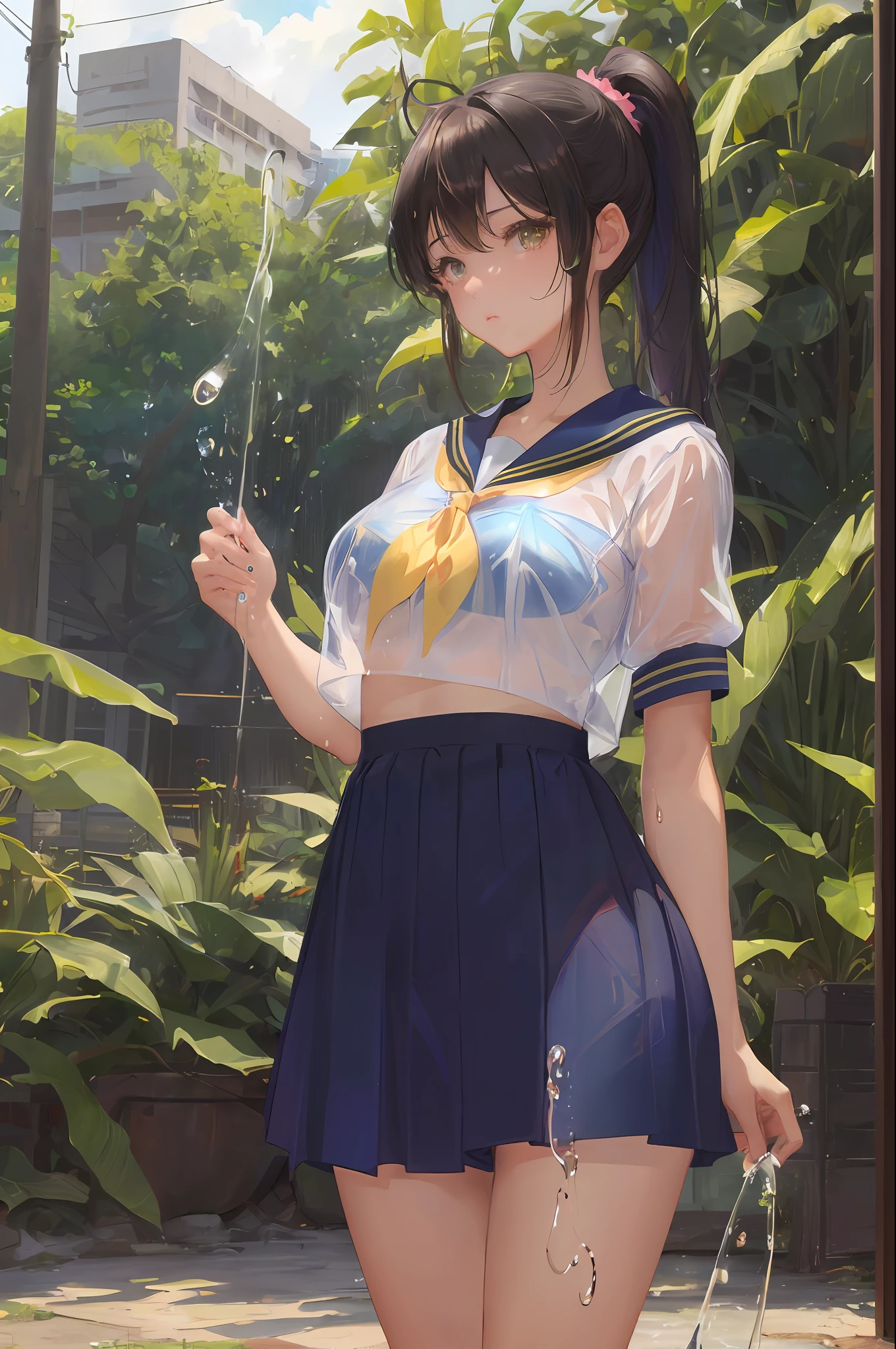Cornflower art, dreamy, (masterpiece, top quality, perfect anatomy, beautiful face, realistic, super detailed, 1 girl, 18 ears senile, solo, depth of field, canon 24mm lens, f1.4, cute_girl, sailor_ collar, clear facial features, short sleeves, big, slender stature, height 170, barefoot, double ponytail, bangs, gravure pose, outdoor, jungle, blurred background, (Uwabaki: 1.1576)) all over body, clear liquid dripping from the crotch, the front of the shirt is exposed, the breasts are visible, the bra is not on,