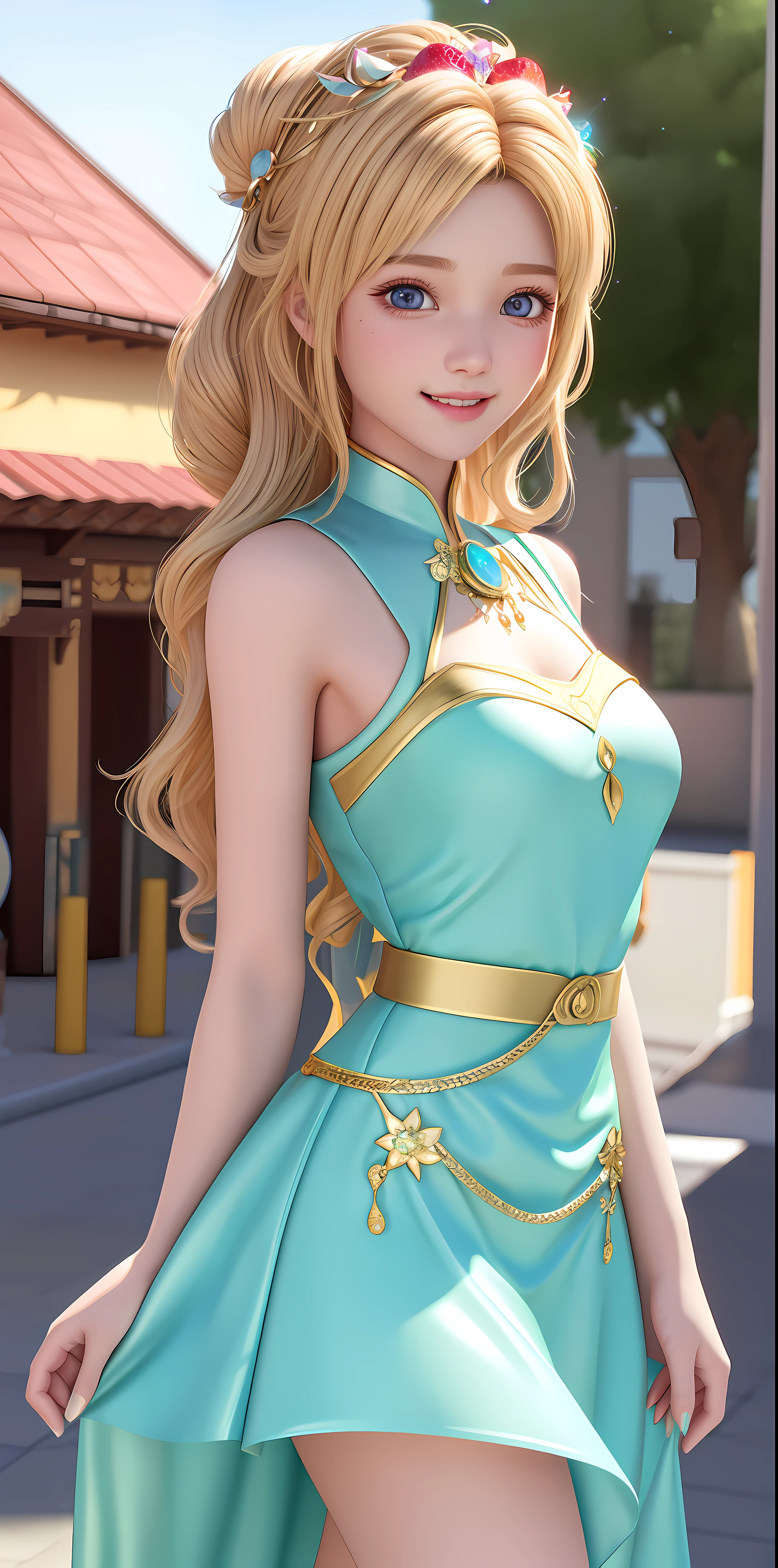 Woman in a dress with strap, pixar style, in the style of luminous 3d objects, she has a cartoon smile, with beautiful eyes tanned skin and rosy cheeks, a winning photograph of the society contest, long strawberry, she holds the edge of the dress with both hands, lifting it slightly, - blonde hair, dorne, very curly blonde hair, Street vibes iridescence/opalescence, glitter, highly detailed photorealistic, 16k --expressive style --niji 5